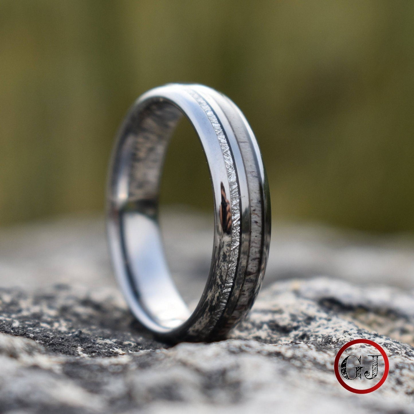 Silver Tungsten 6mm Ring with Deer Antler and Meteorite - Tungsten Titans