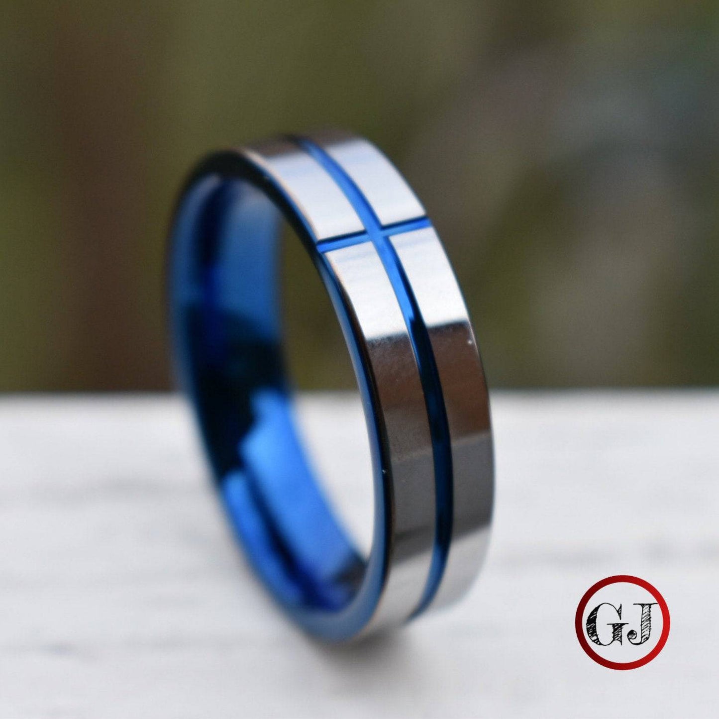 Tungsten 6mm Silver Ring with a Blue Cross and Comfort fit band - Tungsten Titans
