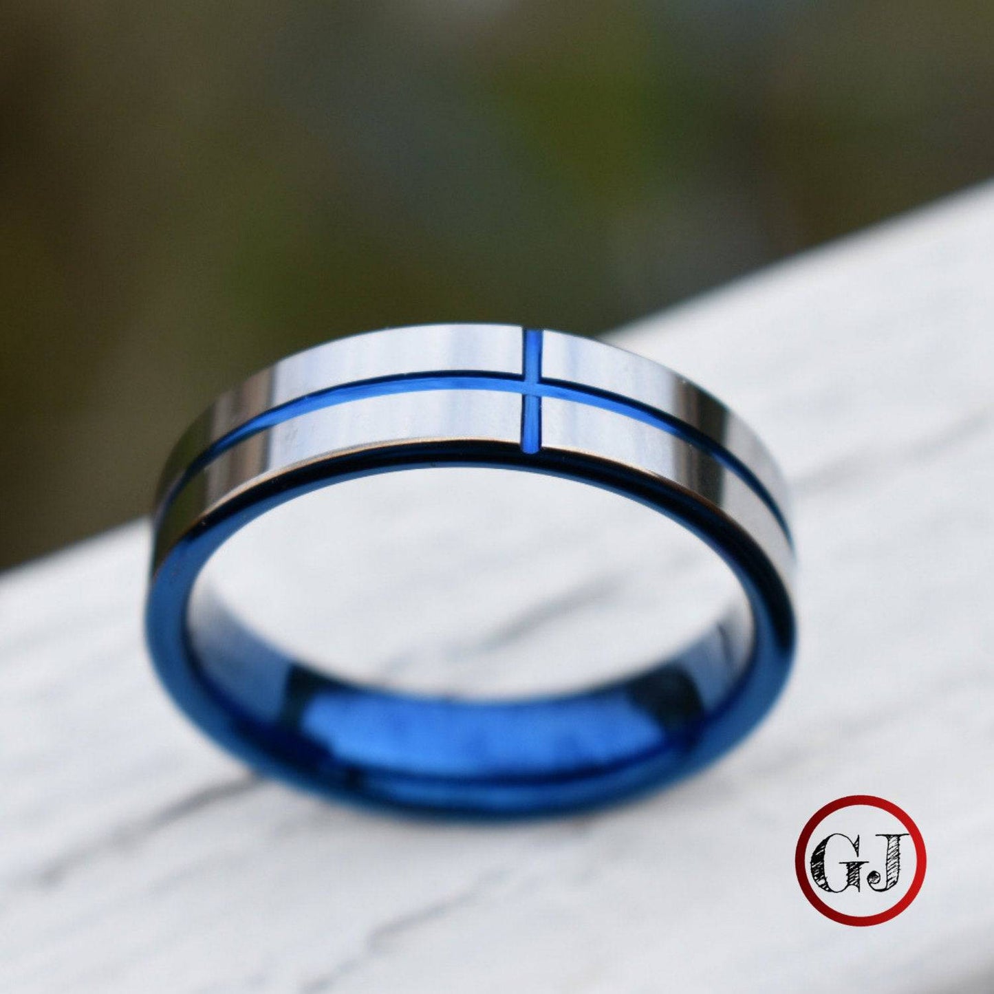 Tungsten 6mm Silver Ring with a Blue Cross and Comfort fit band - Tungsten Titans