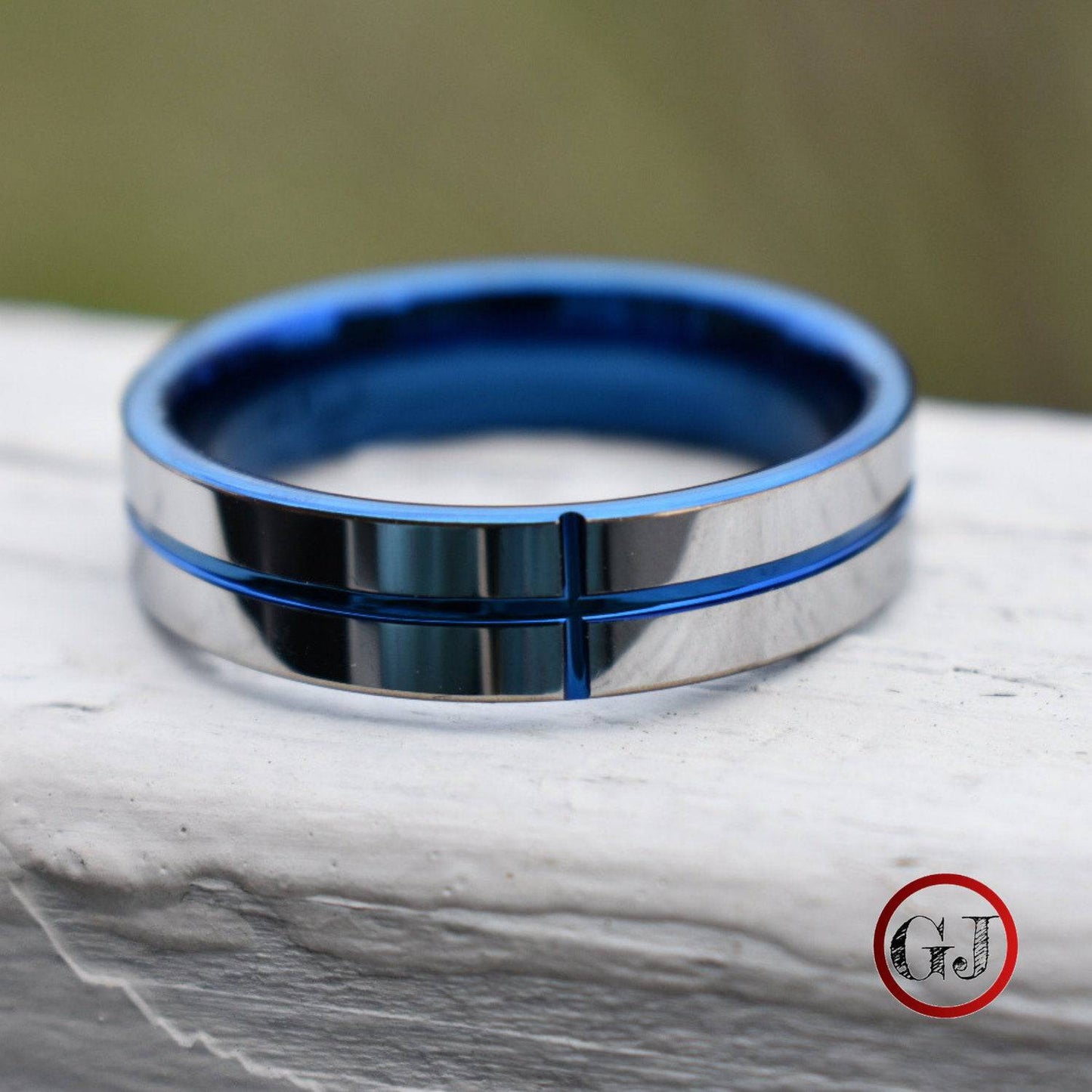 Tungsten 6mm Silver Ring with a Blue Cross and Comfort fit band - Tungsten Titans
