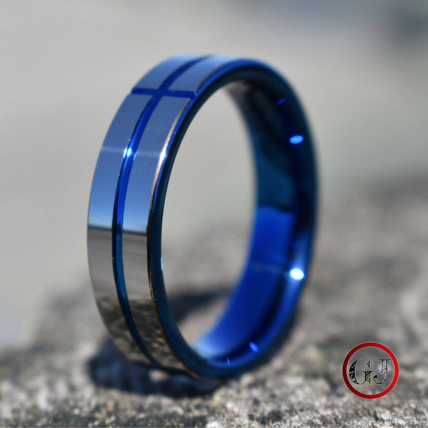Tungsten 6mm Silver Ring with a Blue Cross and Comfort fit band - Tungsten Titans