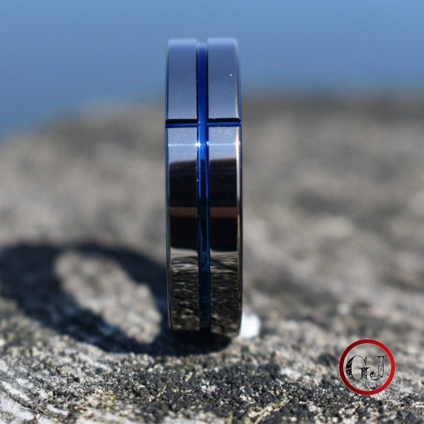 Tungsten 6mm Silver Ring with a Blue Cross and Comfort fit band - Tungsten Titans
