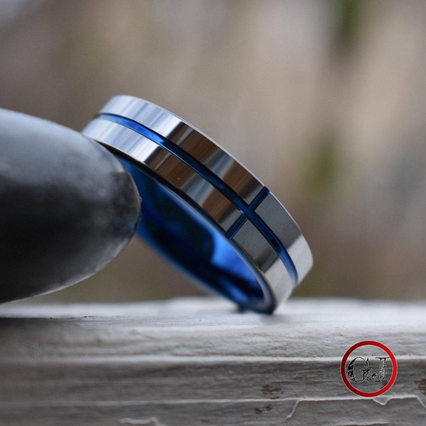 Tungsten 6mm Silver Ring with a Blue Cross and Comfort fit band - Tungsten Titans