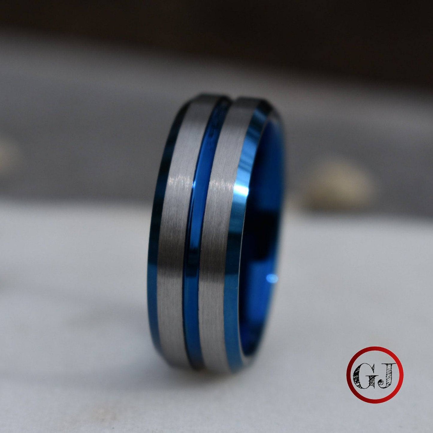 Tungsten 8mm Ring Blue with Silver Accent Stripes - Tungsten Titans