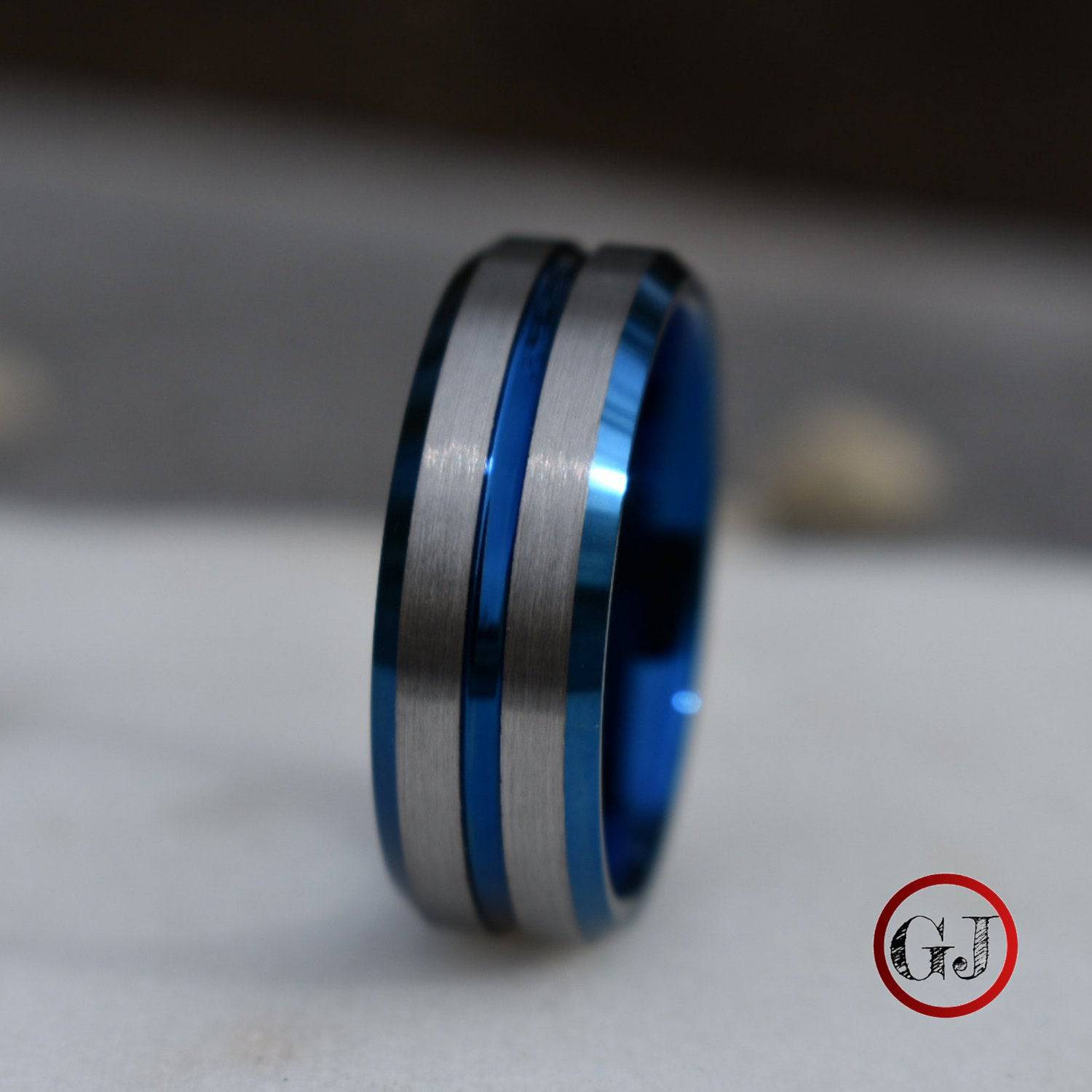 Tungsten 8mm Ring Blue with Silver Accent Stripes - Tungsten Titans