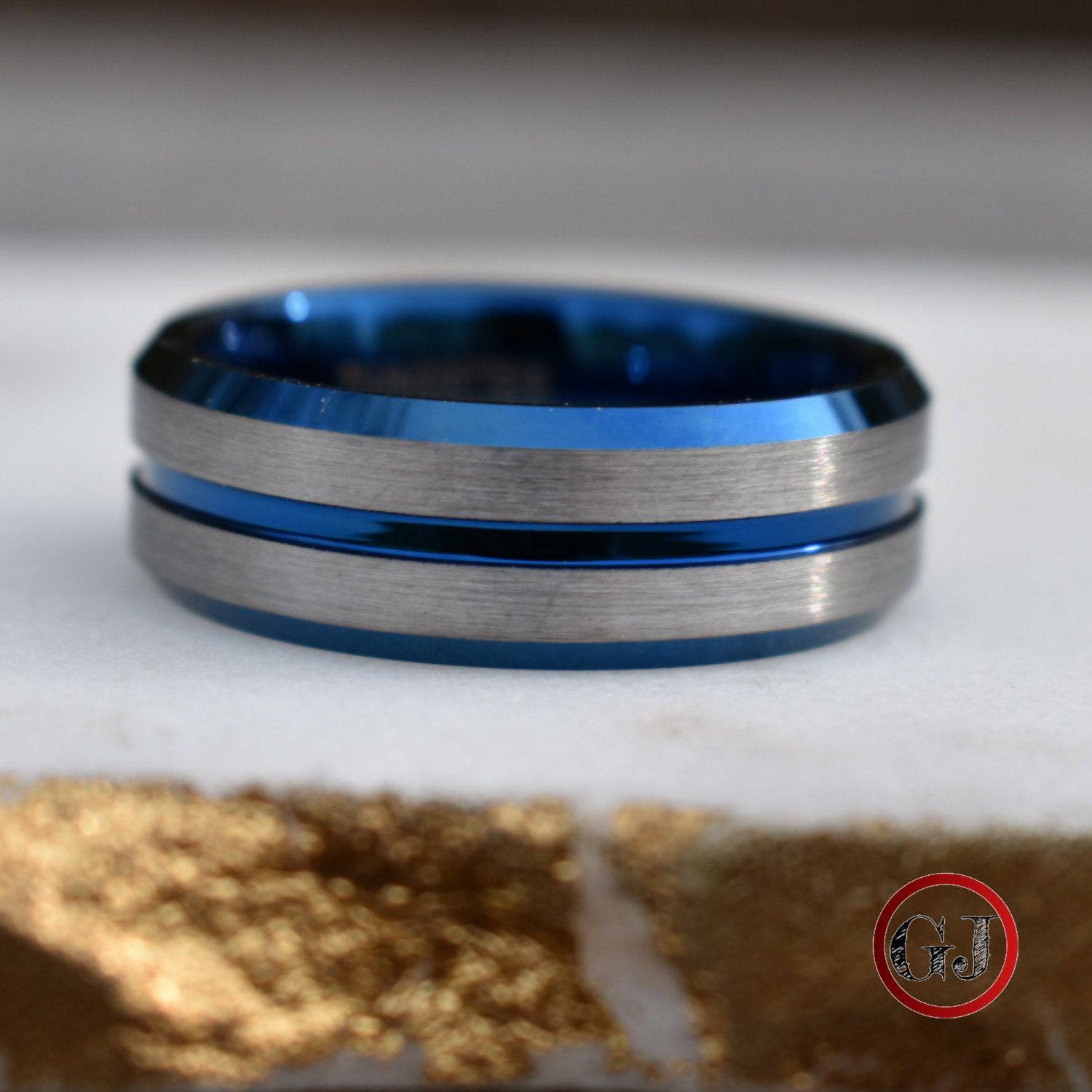 Tungsten 8mm Ring Blue with Silver Accent Stripes - Tungsten Titans