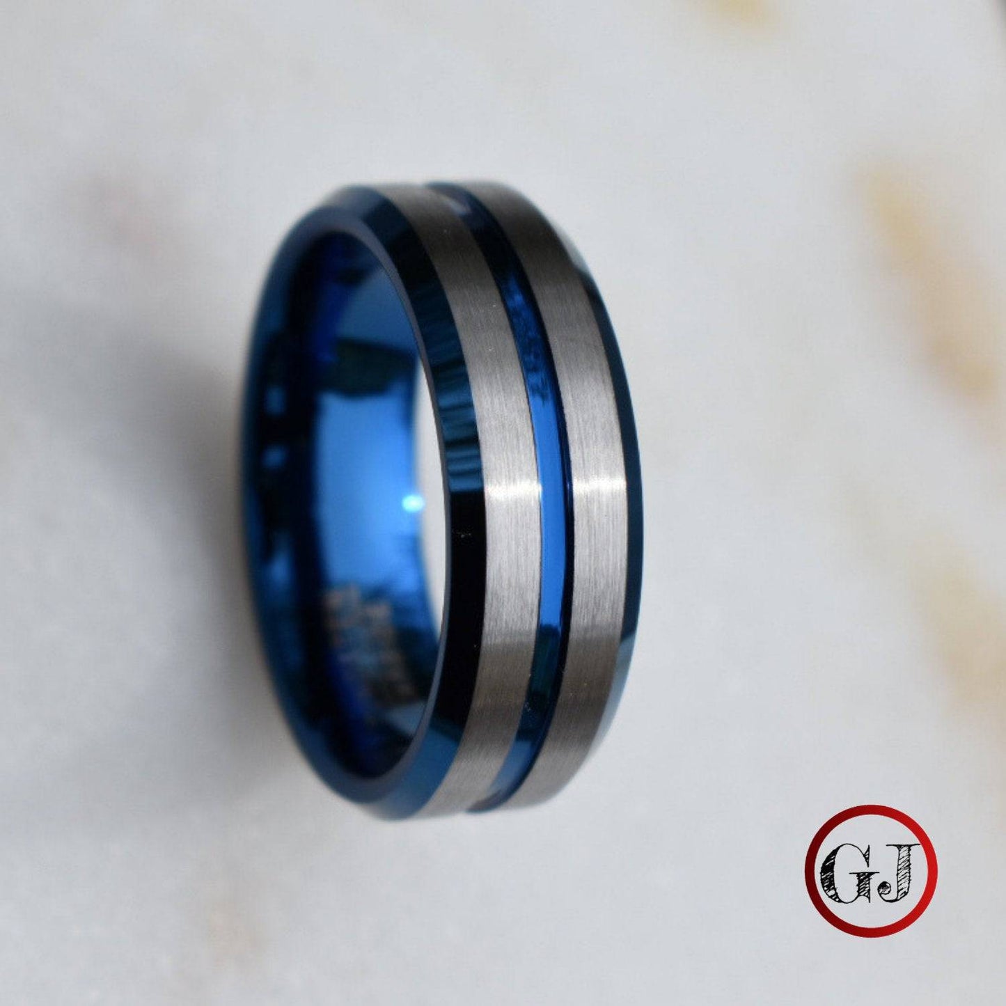 Tungsten 8mm Ring Blue with Silver Accent Stripes - Tungsten Titans