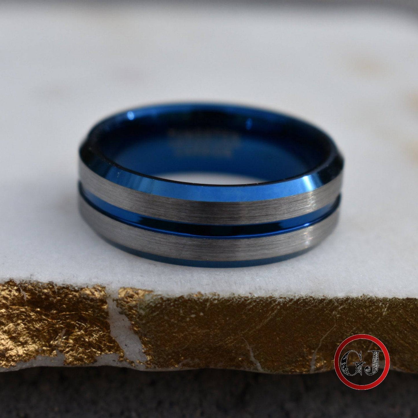 Tungsten 8mm Ring Blue with Silver Accent Stripes - Tungsten Titans