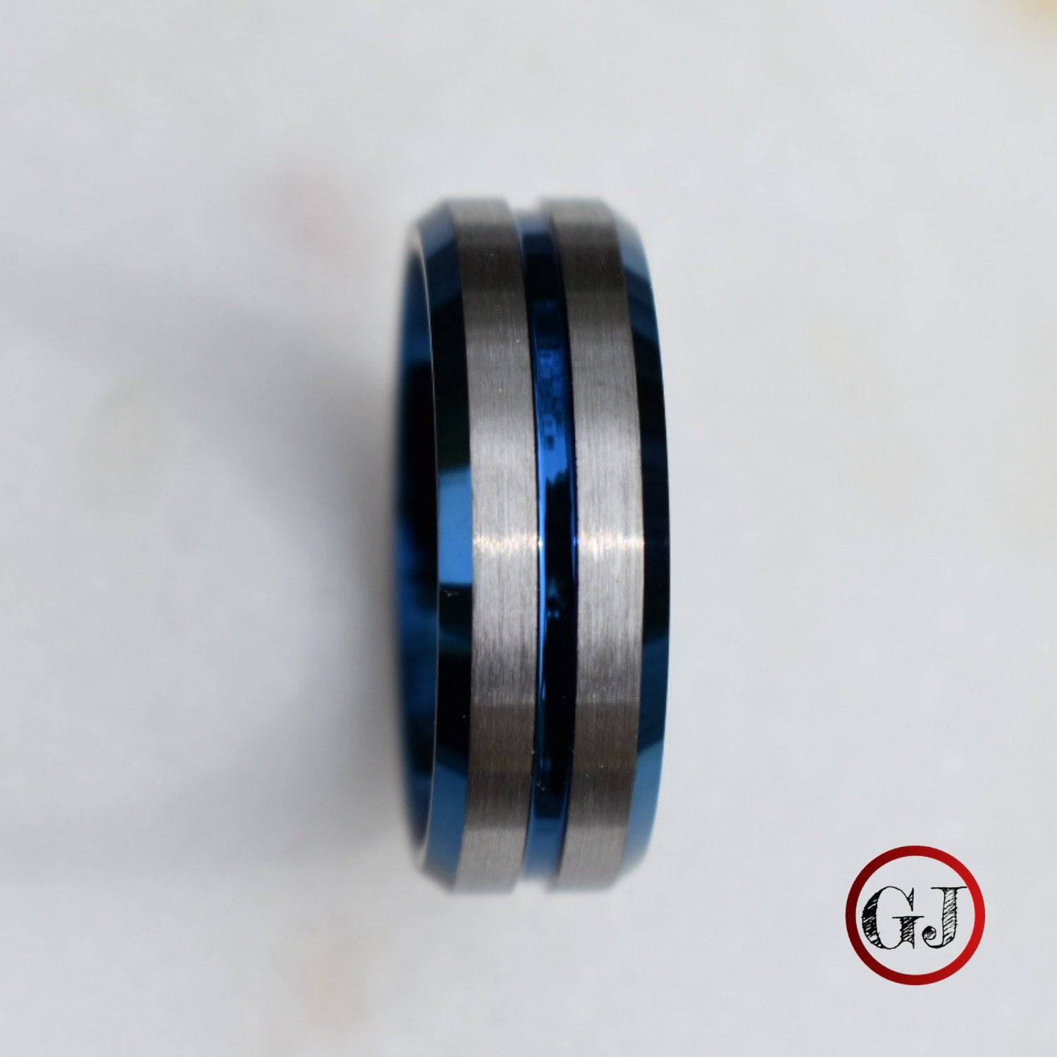 Tungsten 8mm Ring Blue with Silver Accent Stripes - Tungsten Titans