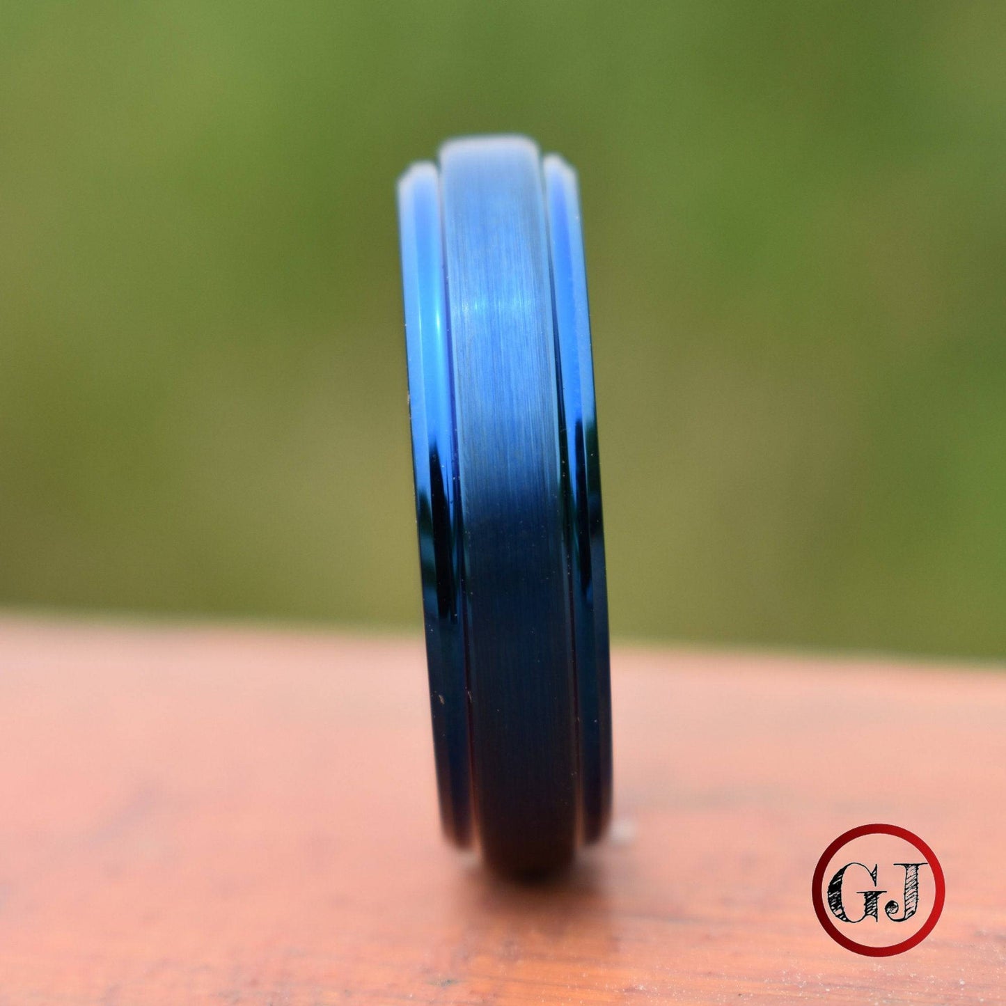 Tungsten Ring Blue 6mm Brushed Center with a Deep Stepped Edge - Tungsten Titans