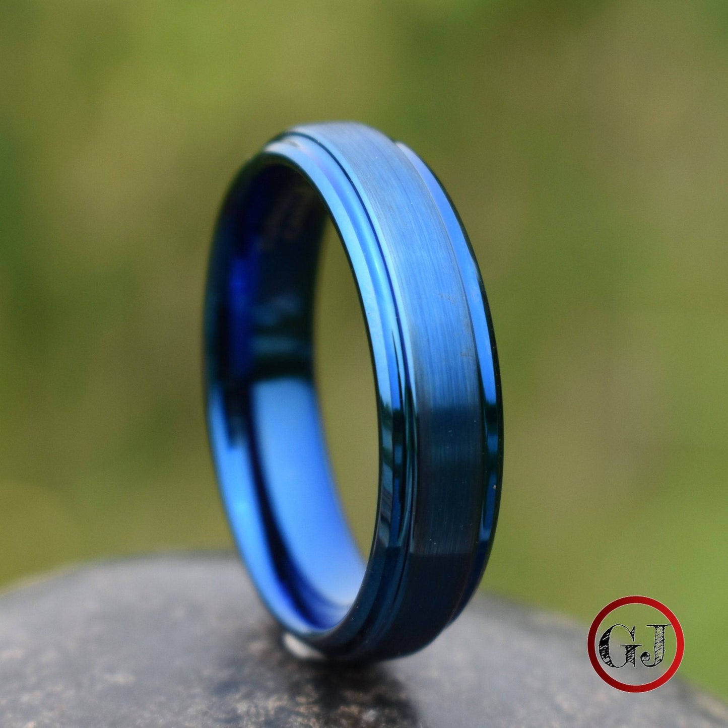 Tungsten Ring Blue 6mm Brushed Center with a Deep Stepped Edge - Tungsten Titans