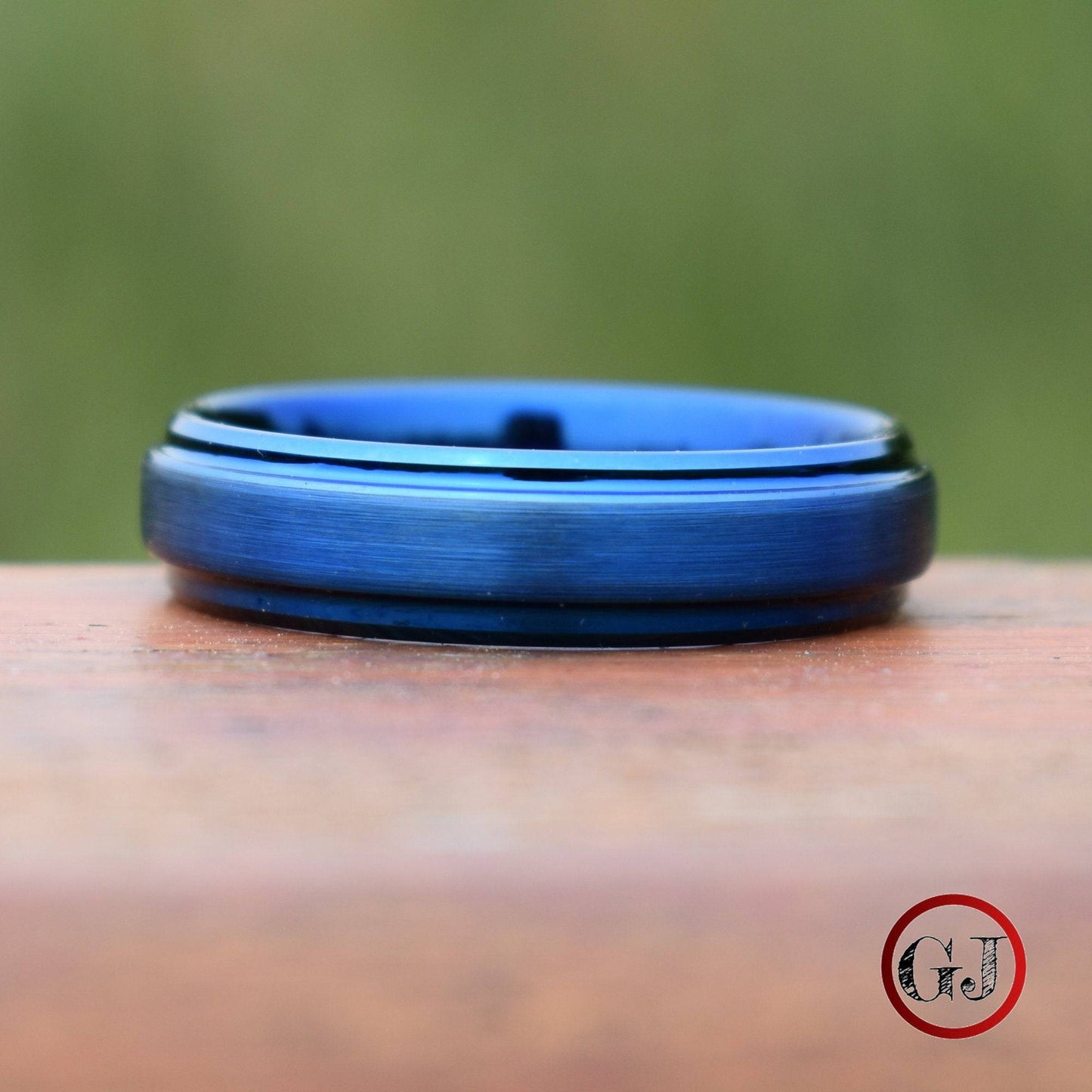 Tungsten Ring Blue 6mm Brushed Center with a Deep Stepped Edge - Tungsten Titans