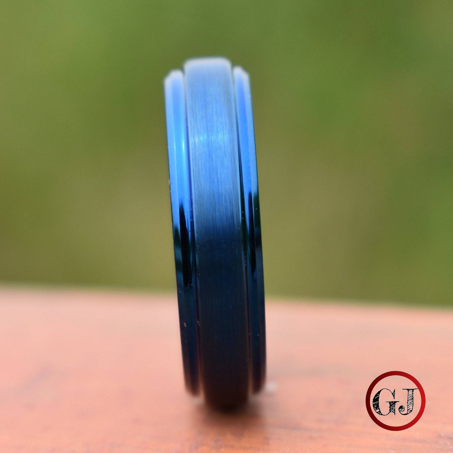Tungsten Ring Blue 6mm Brushed Center with a Deep Stepped Edge - Tungsten Titans