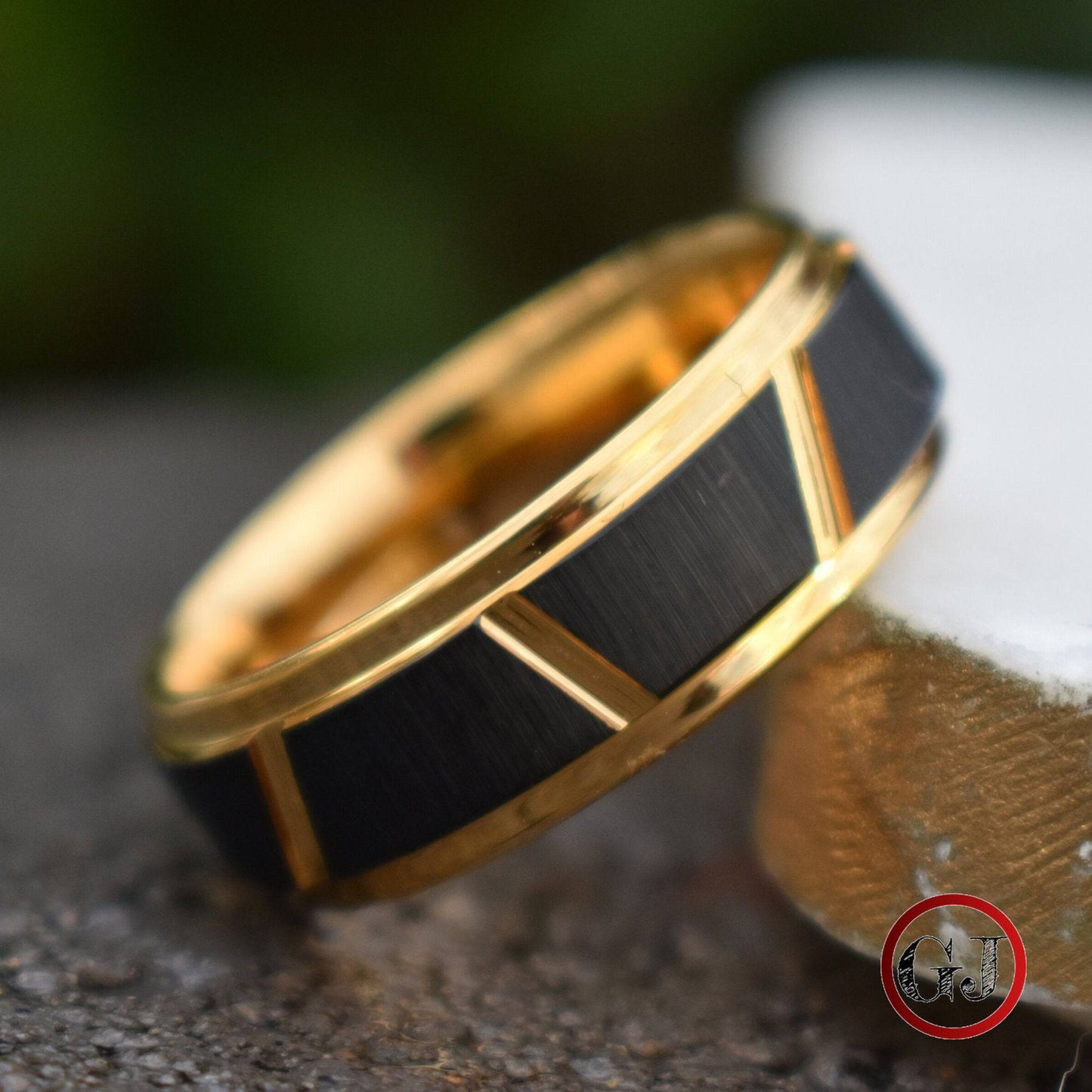 Tungsten 8mm Ring Gold With Raised Black Center Design - Tungsten Titans