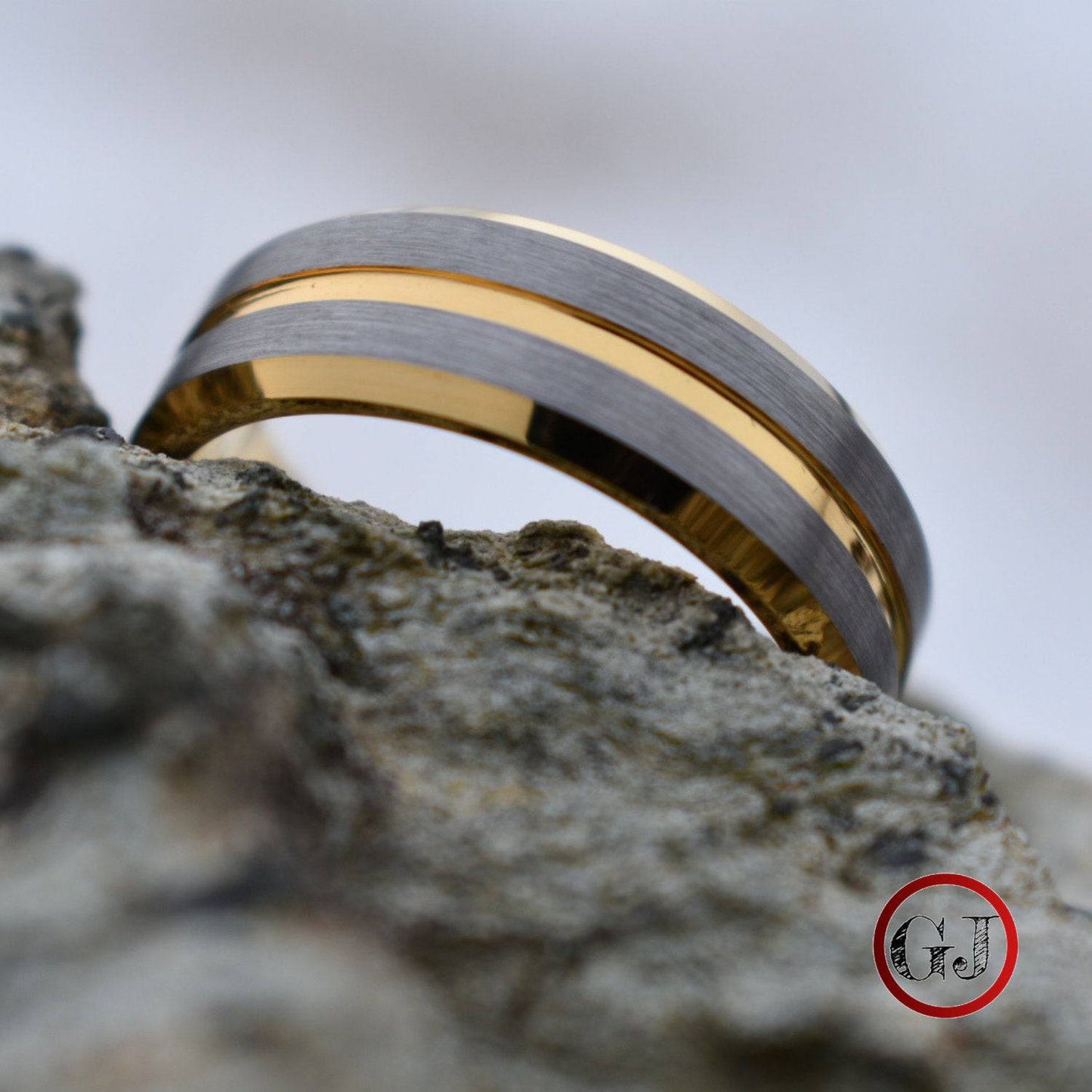 Tungsten 8mm Gold Ring with Brushed Silver Bands - Tungsten Titans