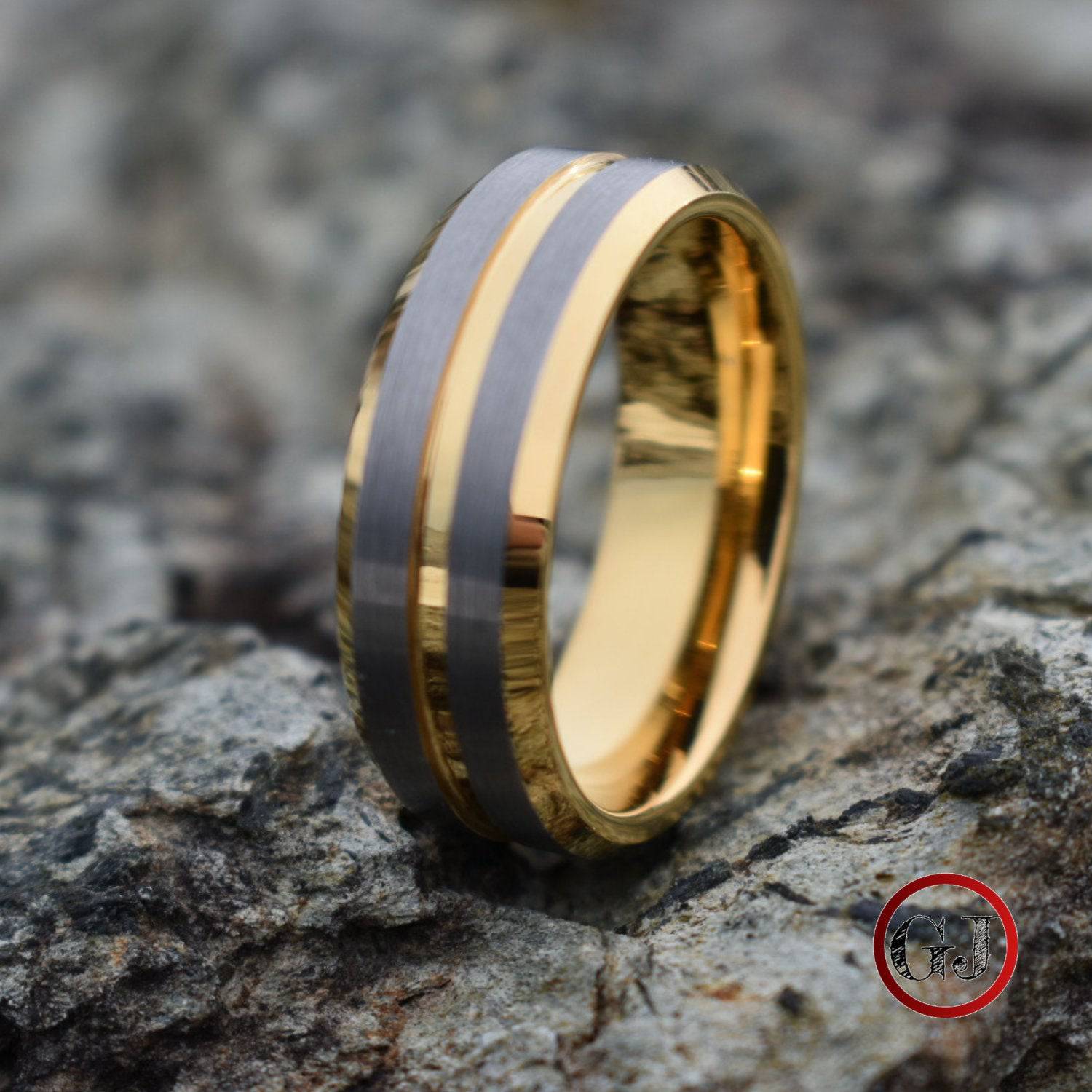 Tungsten 8mm Gold Ring with Brushed Silver Bands - Tungsten Titans