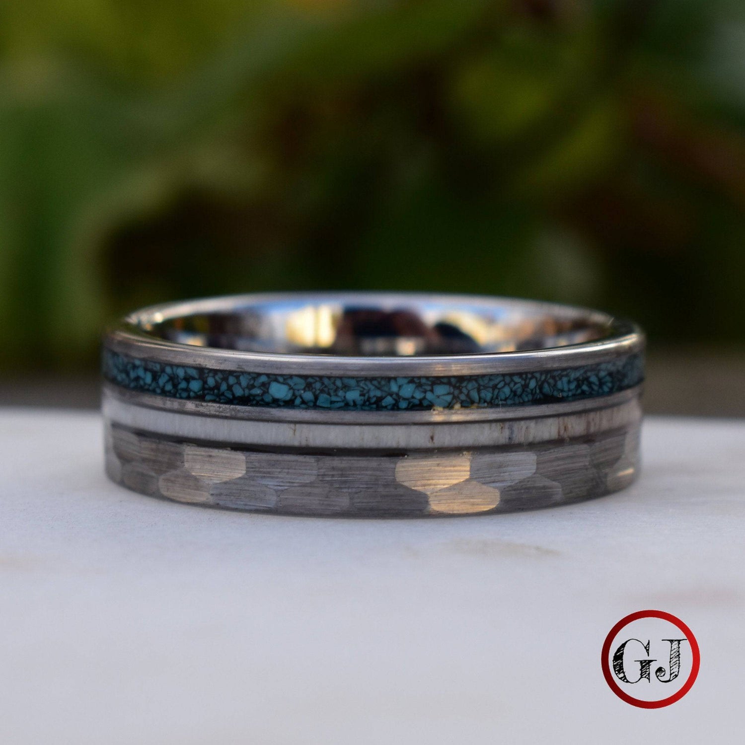 Tungsten 8mm Hammered Ring with Antler and Crushed Turquoise - Tungsten Titans