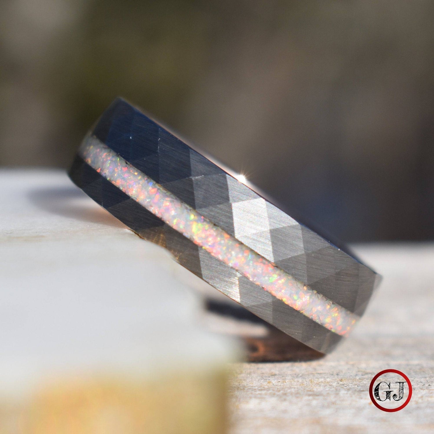 Tungsten 8mm Hammered Ring with Crushed Opal and Rose Gold Inner Band - Tungsten Titans