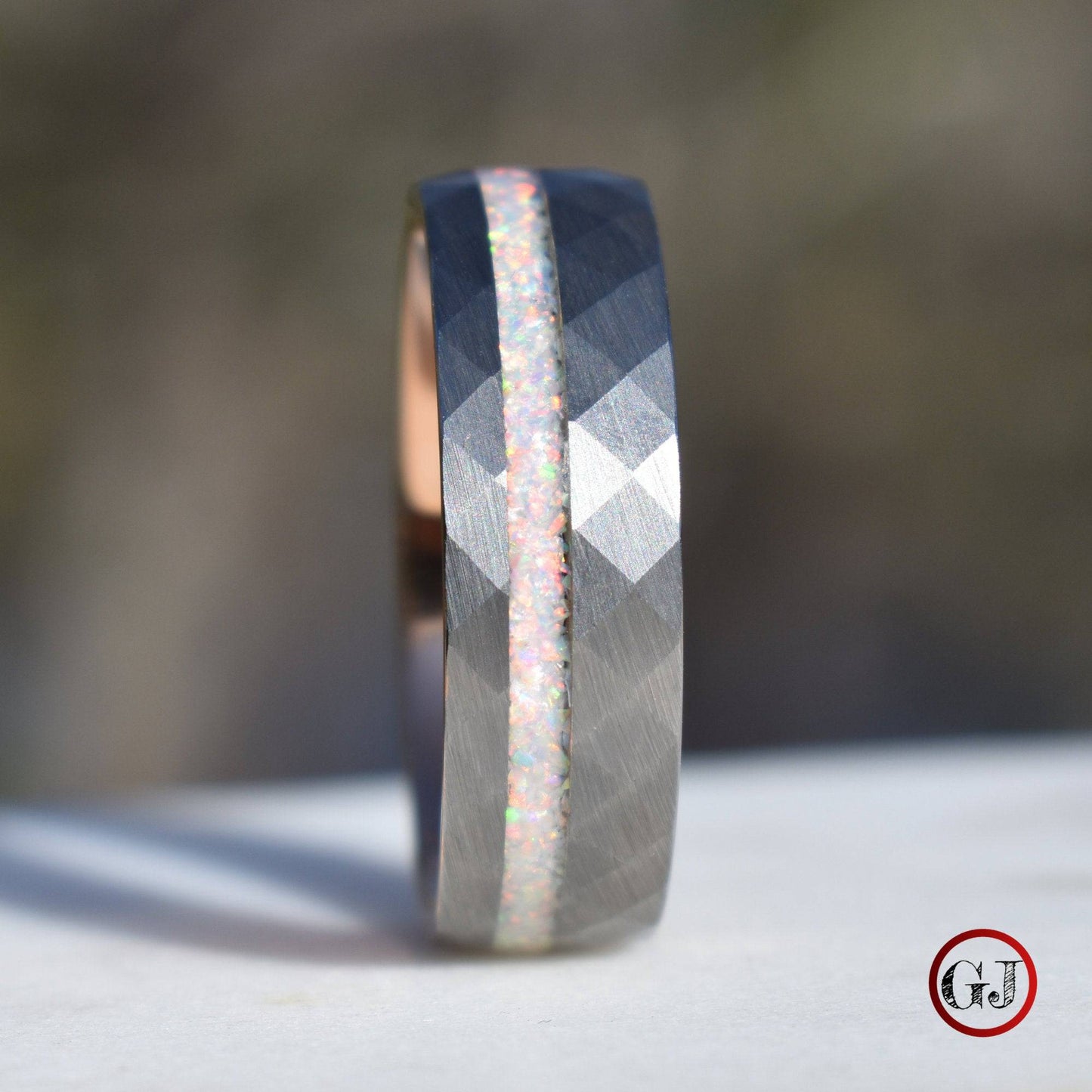 Tungsten 8mm Hammered Ring with Crushed Opal and Rose Gold Inner Band - Tungsten Titans