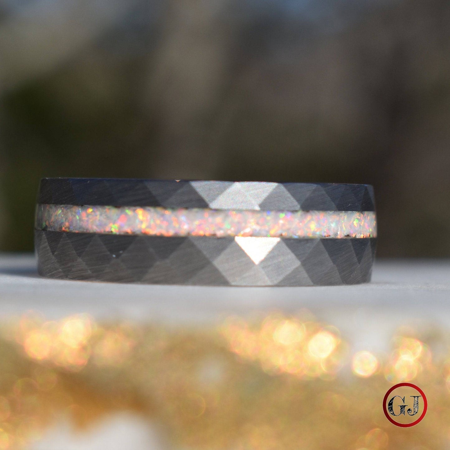 Tungsten 8mm Hammered Ring with Crushed Opal and Rose Gold Inner Band - Tungsten Titans