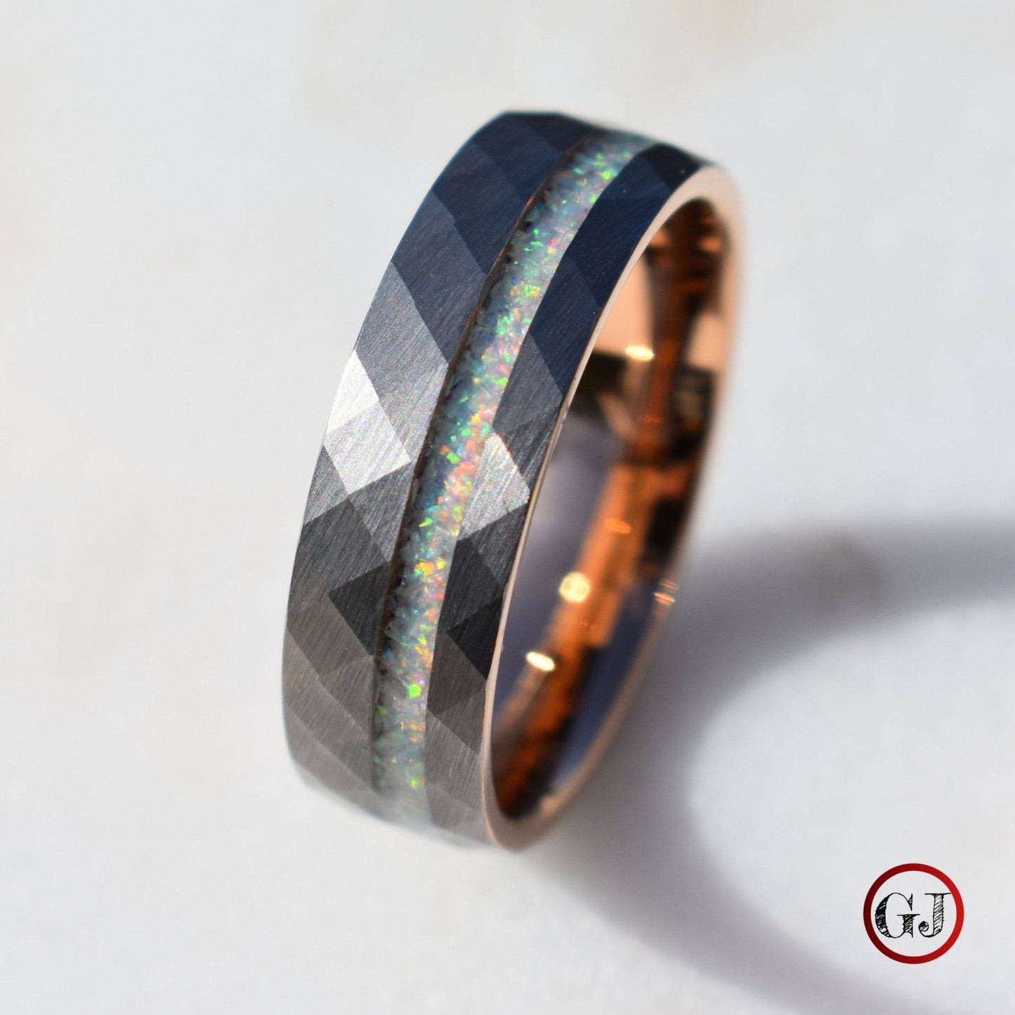 Tungsten 8mm Hammered Ring with Crushed Opal and Rose Gold Inner Band - Tungsten Titans