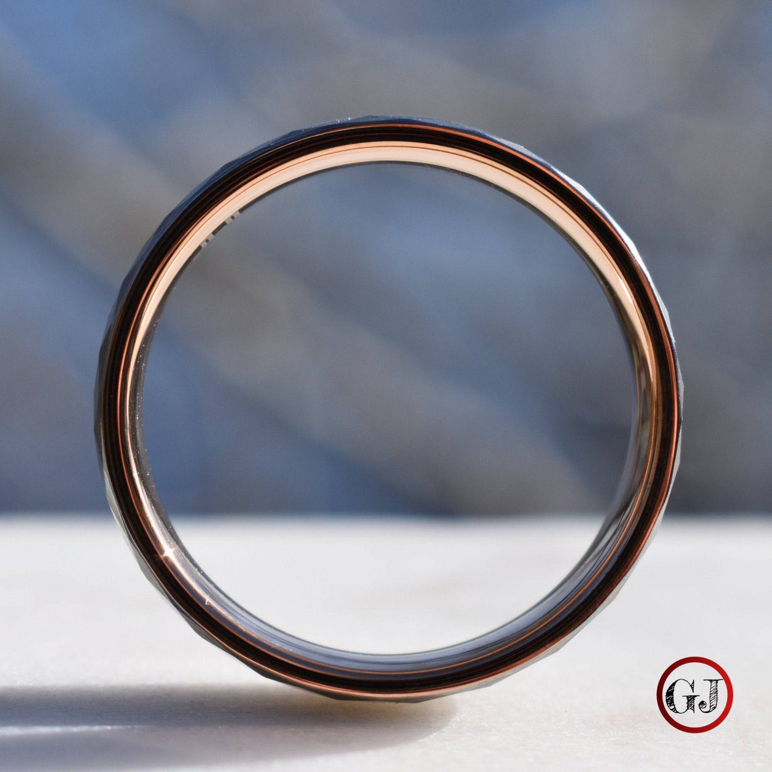 Tungsten 8mm Hammered Ring with Crushed Opal and Rose Gold Inner Band - Tungsten Titans