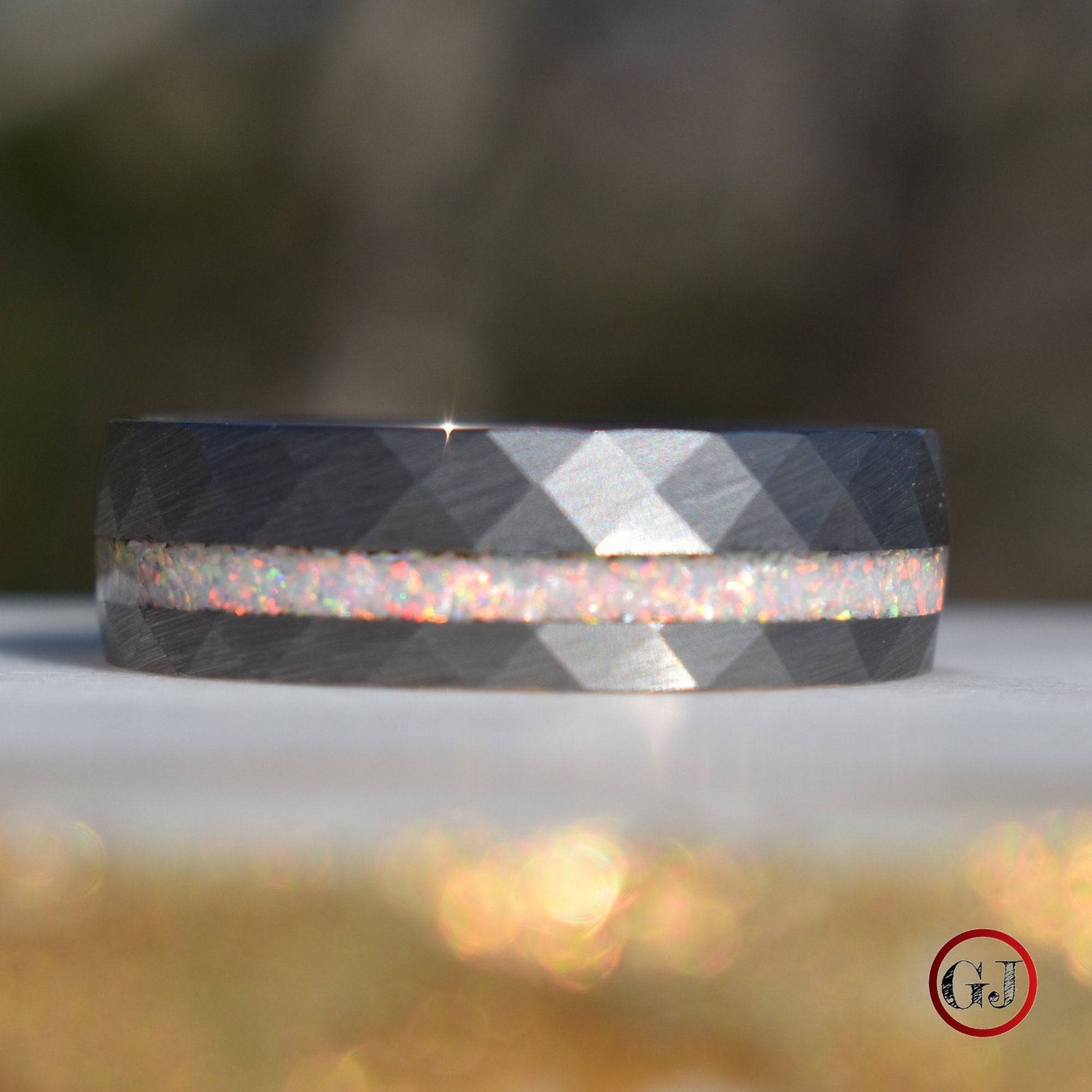 Tungsten 8mm Hammered Ring with Crushed Opal and Rose Gold Inner Band - Tungsten Titans