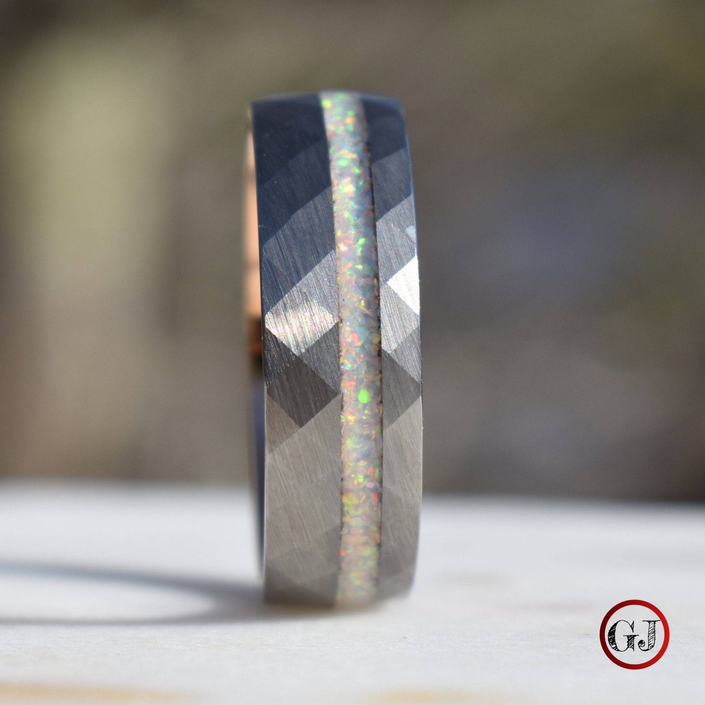 Tungsten 8mm Hammered Ring with Crushed Opal and Rose Gold Inner Band - Tungsten Titans