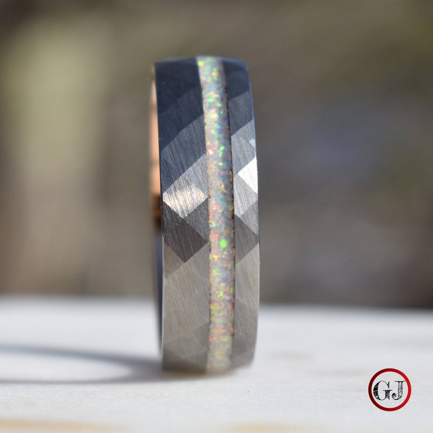 Tungsten 8mm Hammered Ring with Crushed Opal and Rose Gold Inner Band - Tungsten Titans