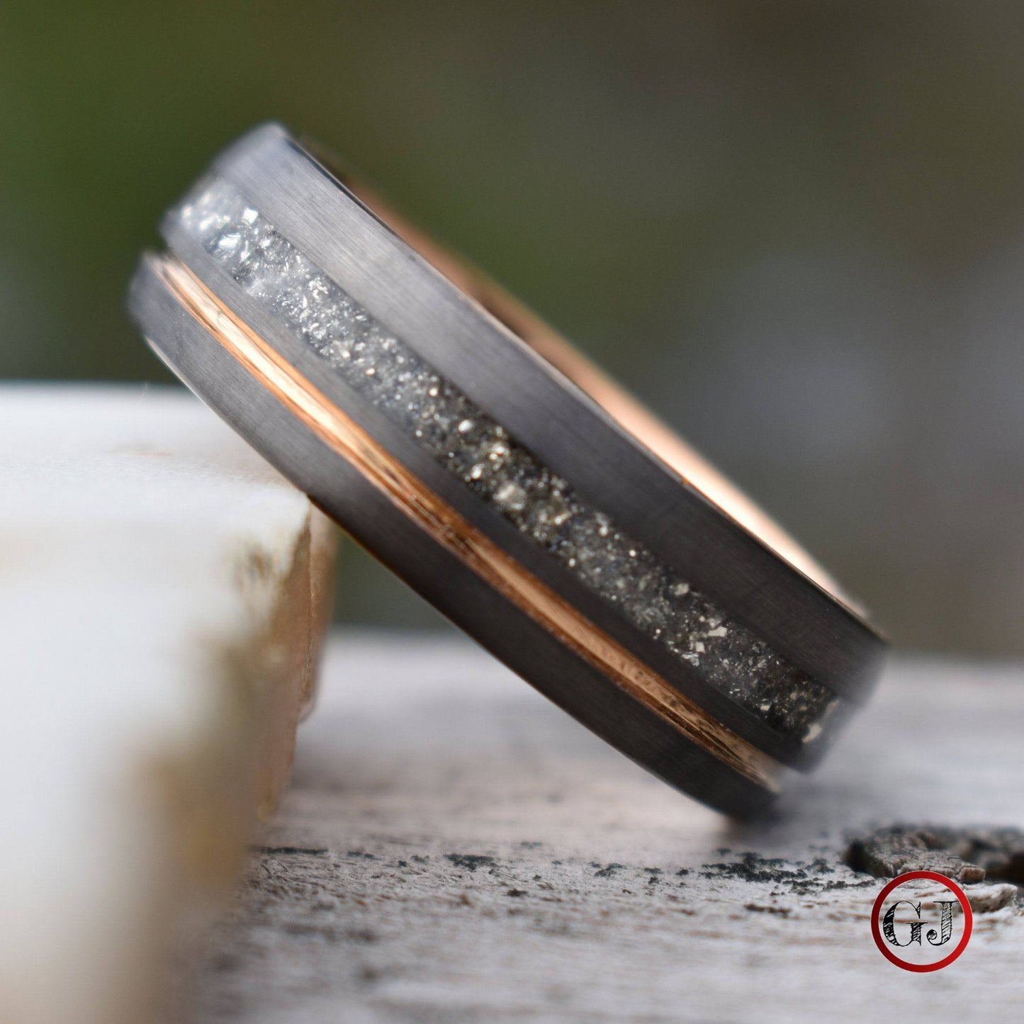 Tungsten 8mm Ring Grey with Rose Gold Accent and German Glass - Tungsten Titans