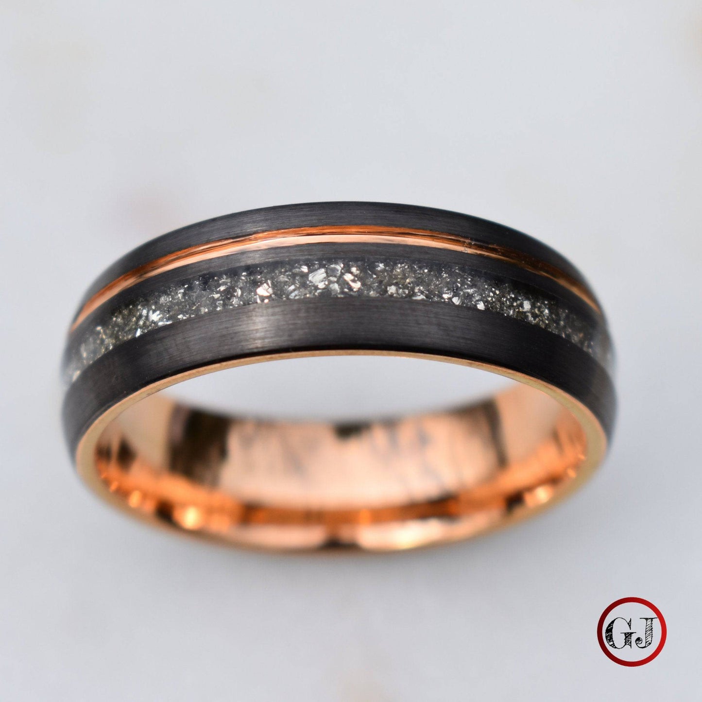 Tungsten 8mm Ring Grey with Rose Gold Accent and German Glass - Tungsten Titans