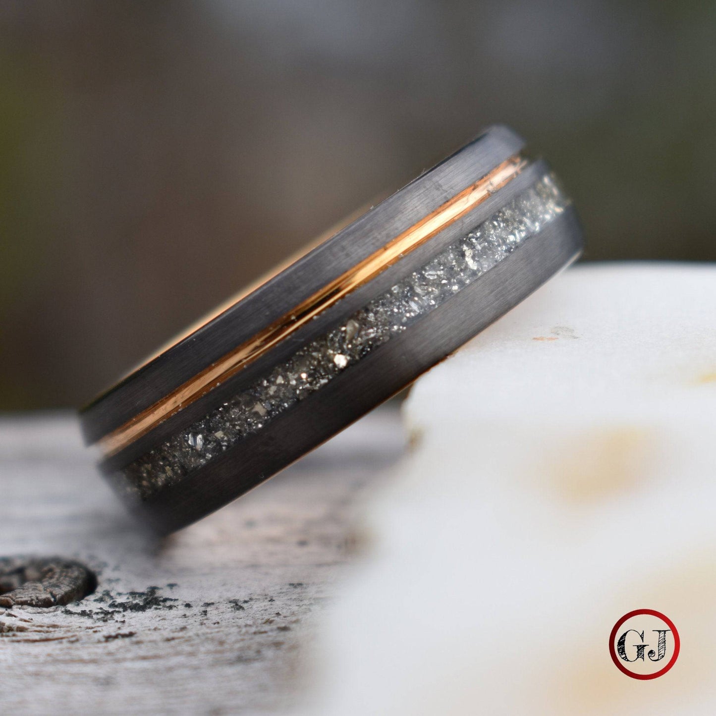 Tungsten 8mm Ring Grey with Rose Gold Accent and German Glass - Tungsten Titans