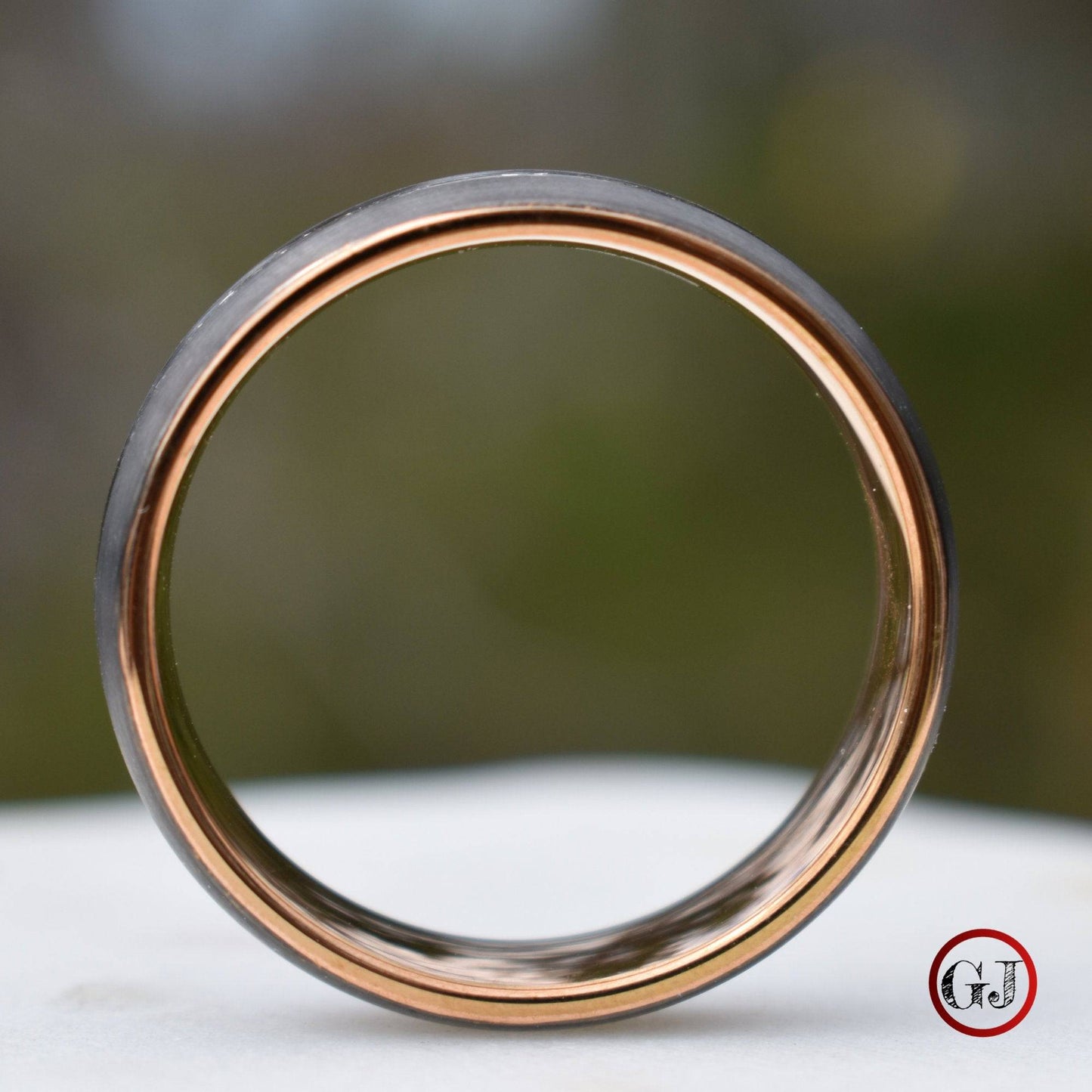 Tungsten 8mm Ring Grey with Rose Gold Accent and German Glass - Tungsten Titans