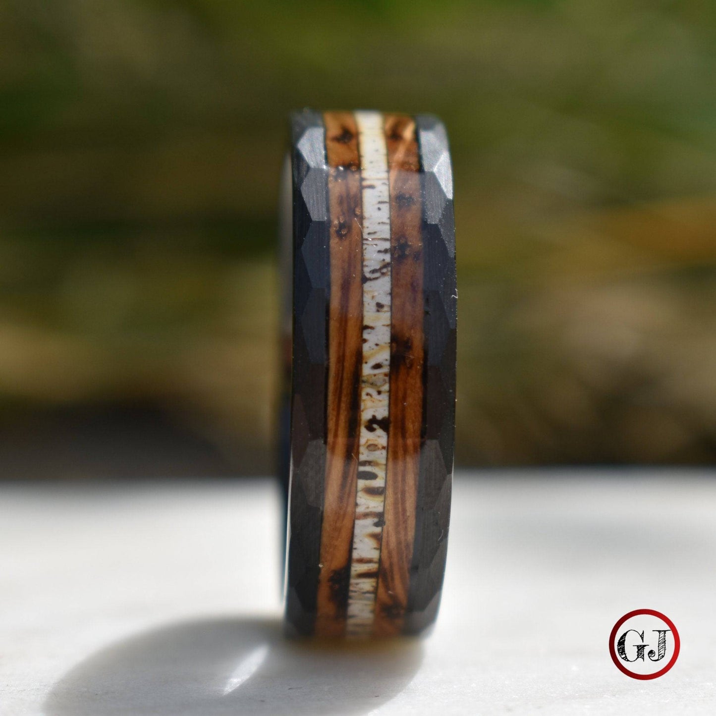 Tungsten 8mm Hammered Ring with Antler and Whiskey Barrel - Tungsten Titans