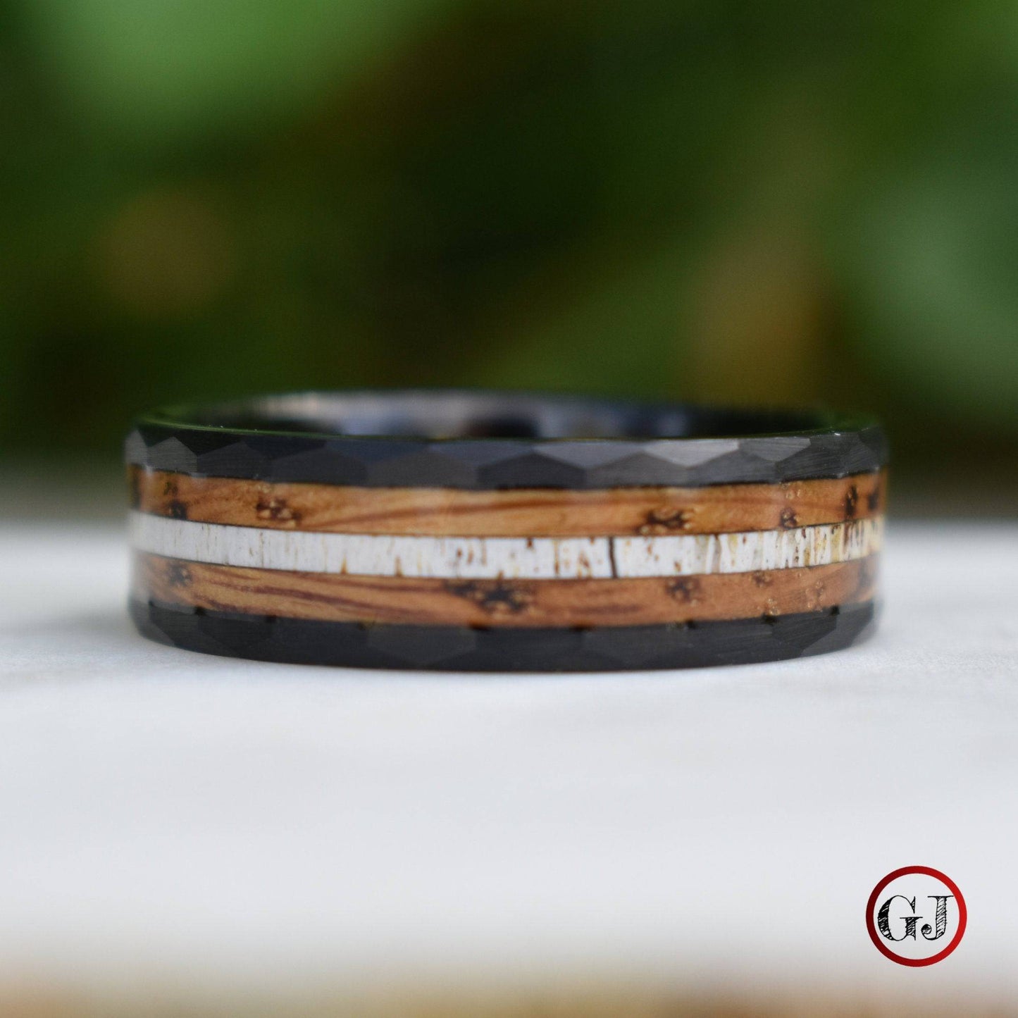 Tungsten 8mm Hammered Ring with Antler and Whiskey Barrel - Tungsten Titans