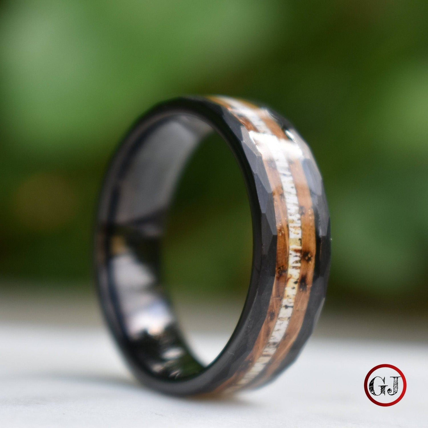 Tungsten 8mm Hammered Ring with Antler and Whiskey Barrel - Tungsten Titans