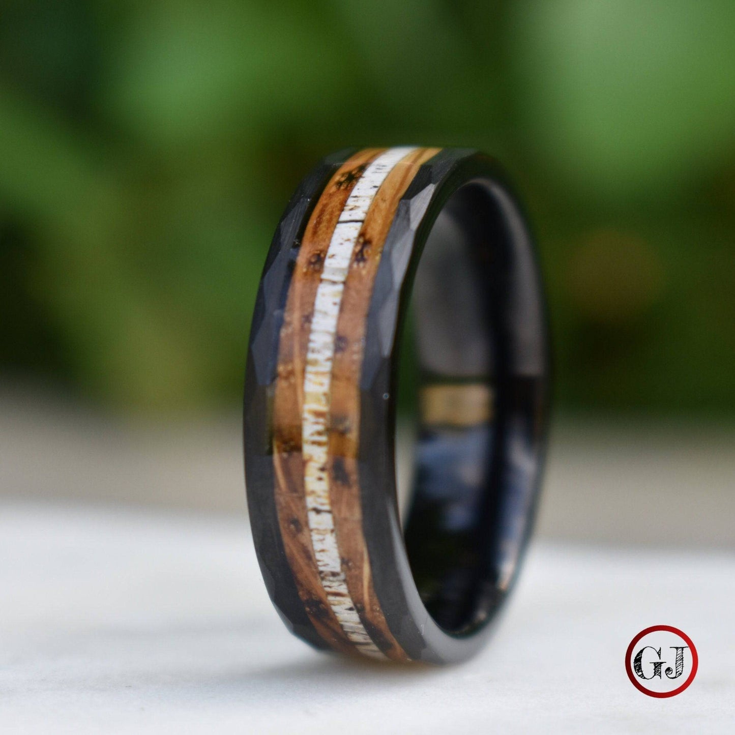 Tungsten 8mm Hammered Ring with Antler and Whiskey Barrel - Tungsten Titans