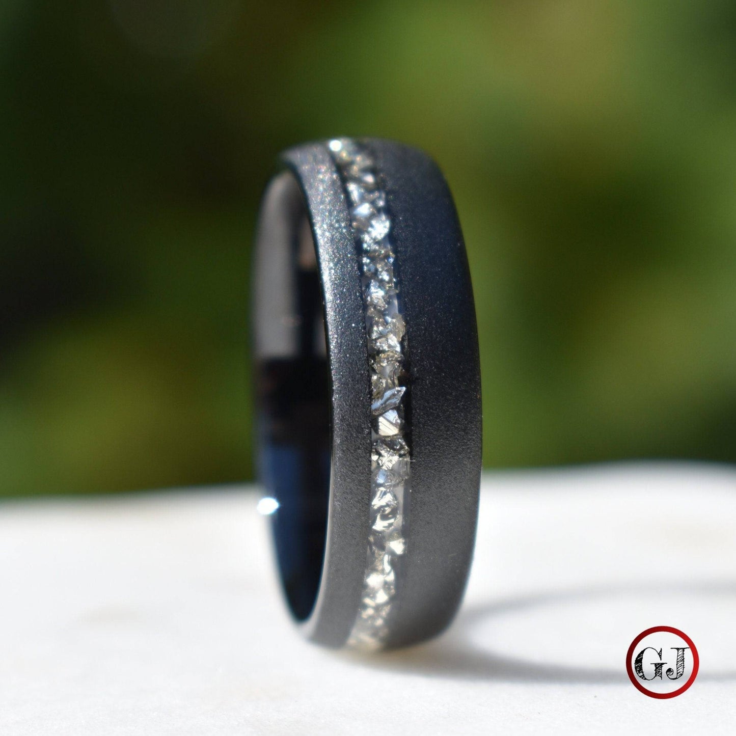 Tungsten 8mm Ring Black Sandblasted with German Silver Glass - Tungsten Titans