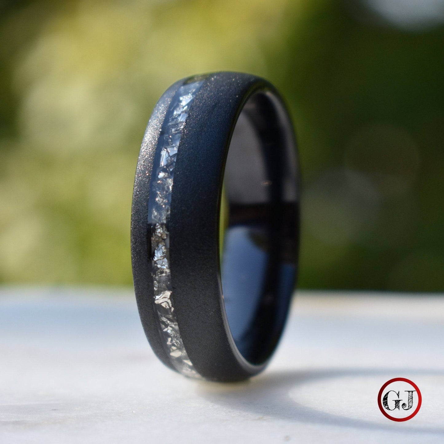 Tungsten 8mm Ring Black Sandblasted with German Silver Glass - Tungsten Titans