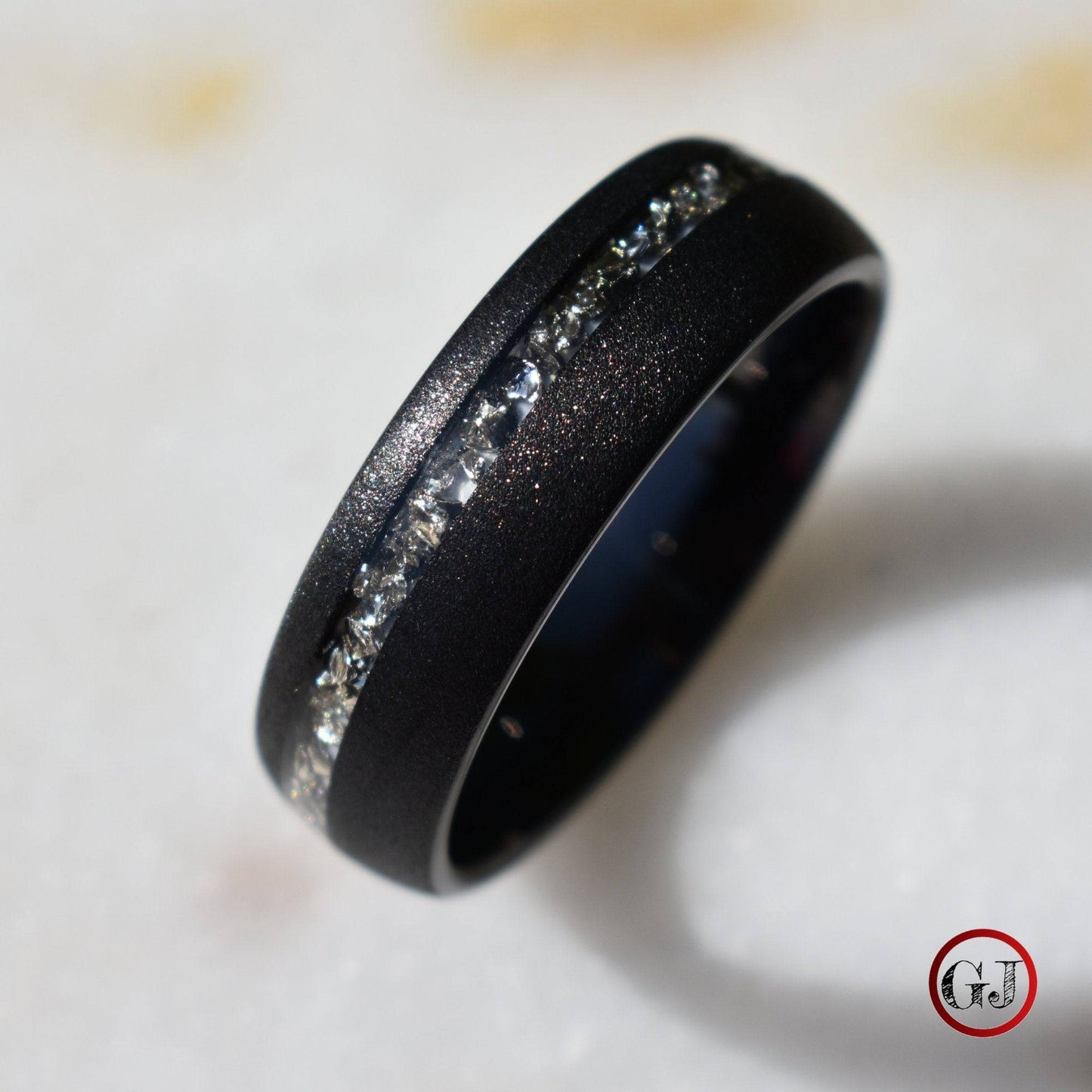 Tungsten 8mm Ring Black Sandblasted with German Silver Glass - Tungsten Titans