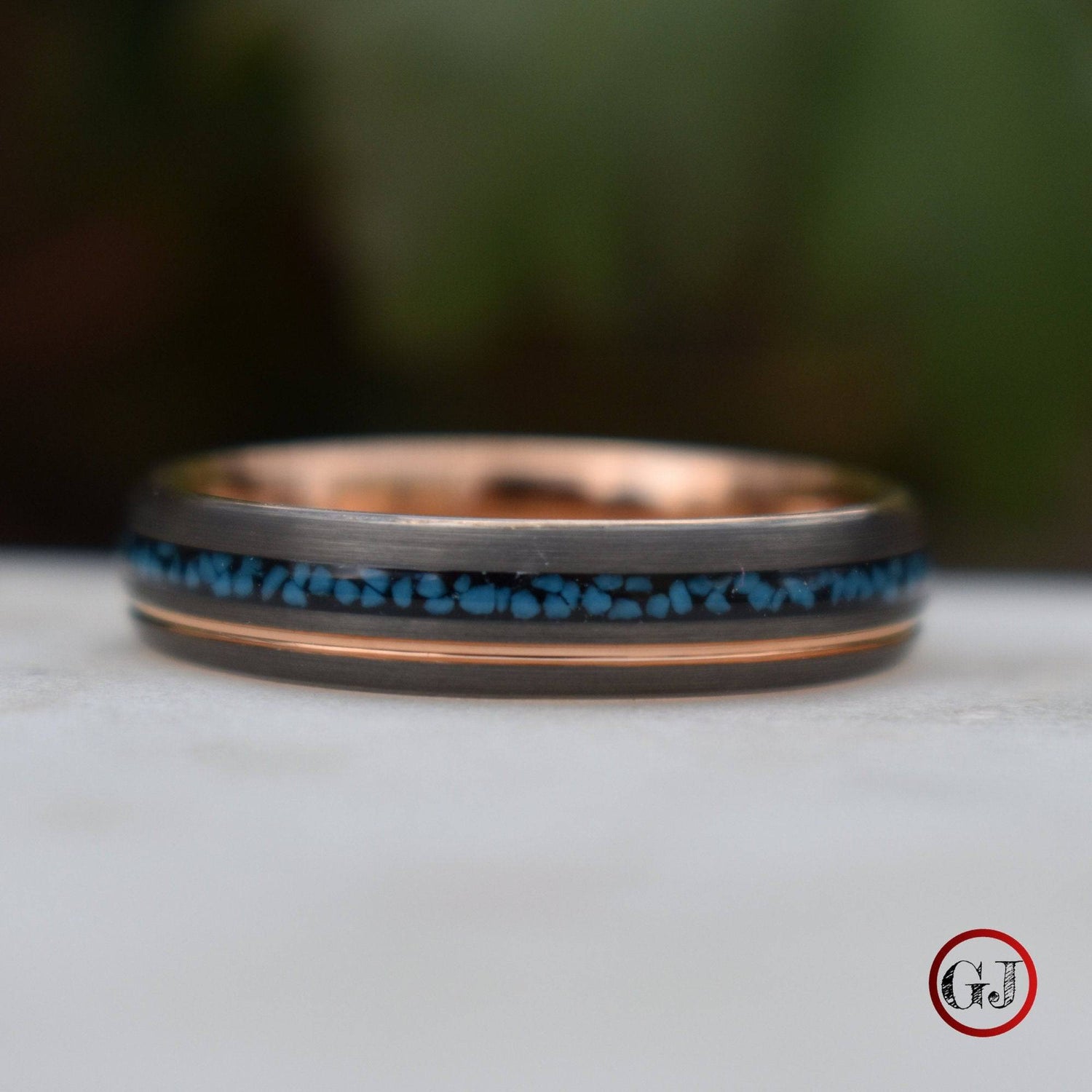 Tungsten 6mm Ring Grey with Rose Gold Accent and Crushed Turquoise - Tungsten Titans