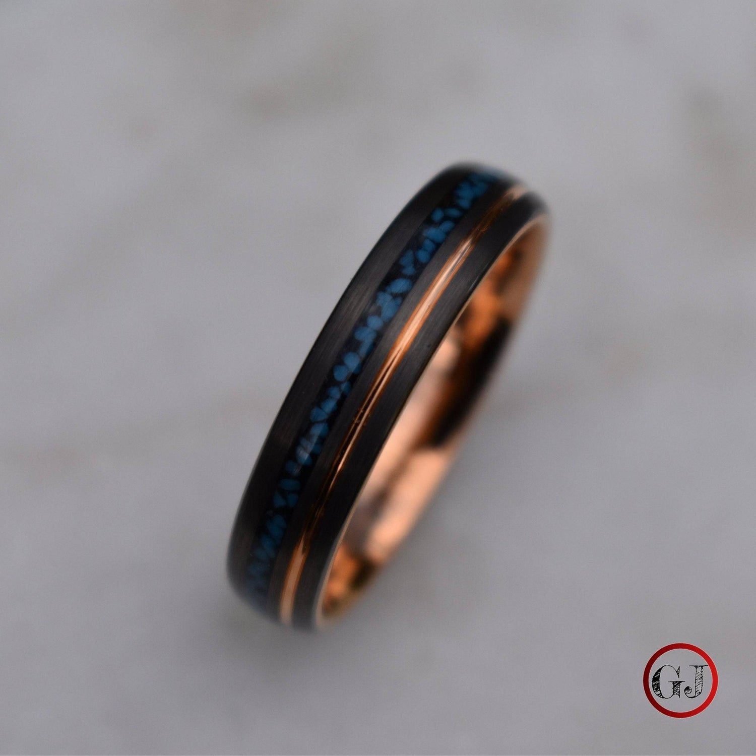 Tungsten 6mm Ring Grey with Rose Gold Accent and Crushed Turquoise - Tungsten Titans