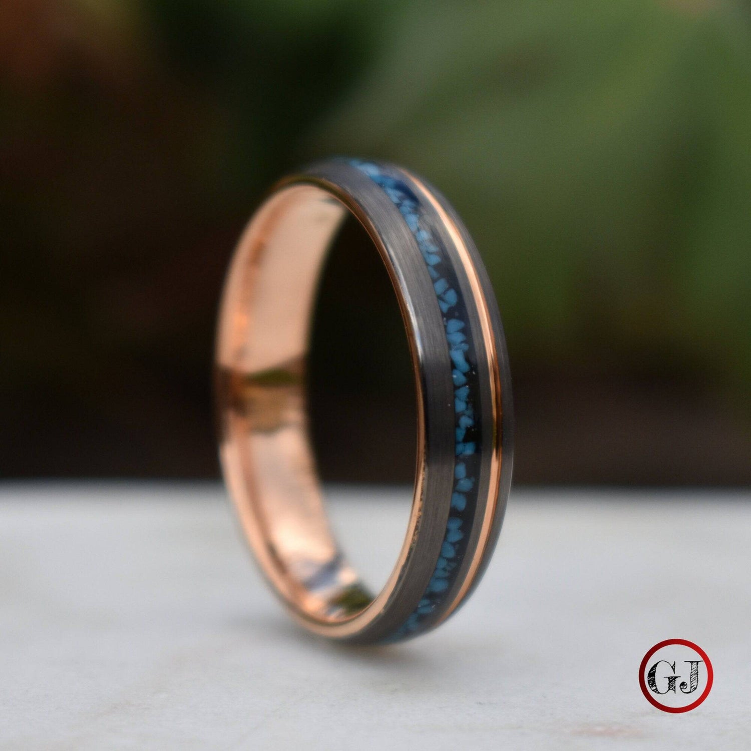 Tungsten 6mm Ring Grey with Rose Gold Accent and Crushed Turquoise - Tungsten Titans