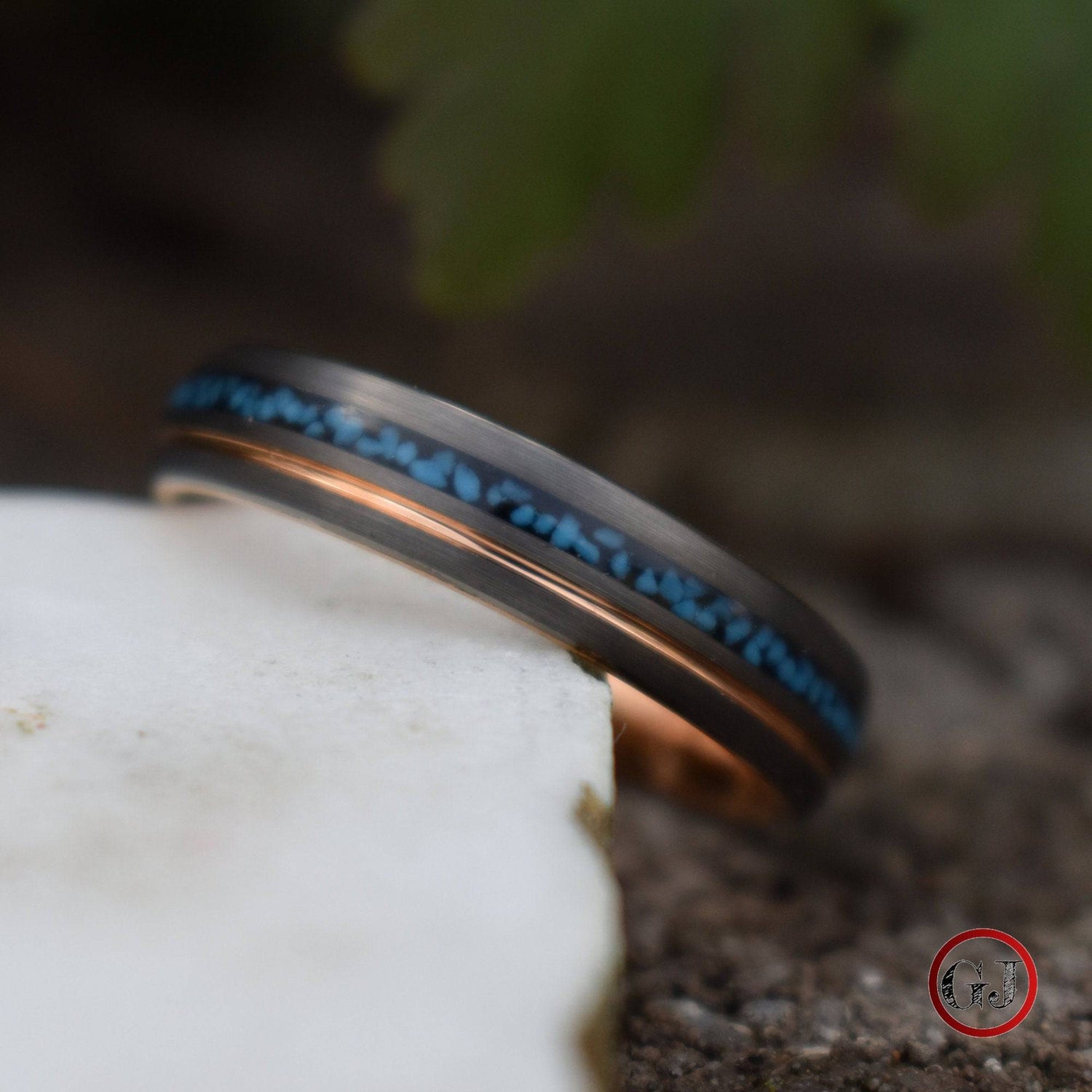 Tungsten 6mm Ring Grey with Rose Gold Accent and Crushed Turquoise - Tungsten Titans