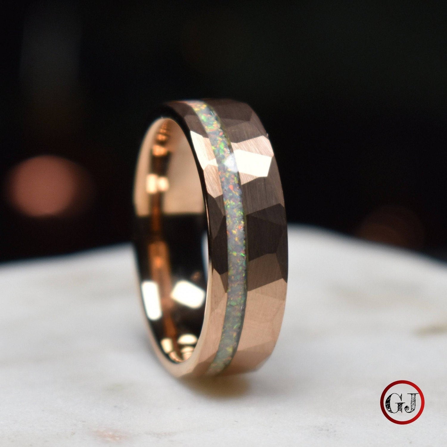 Tungsten 8mm Hammered Rose Gold Ring with Crushed Opal Centre - Tungsten Titans