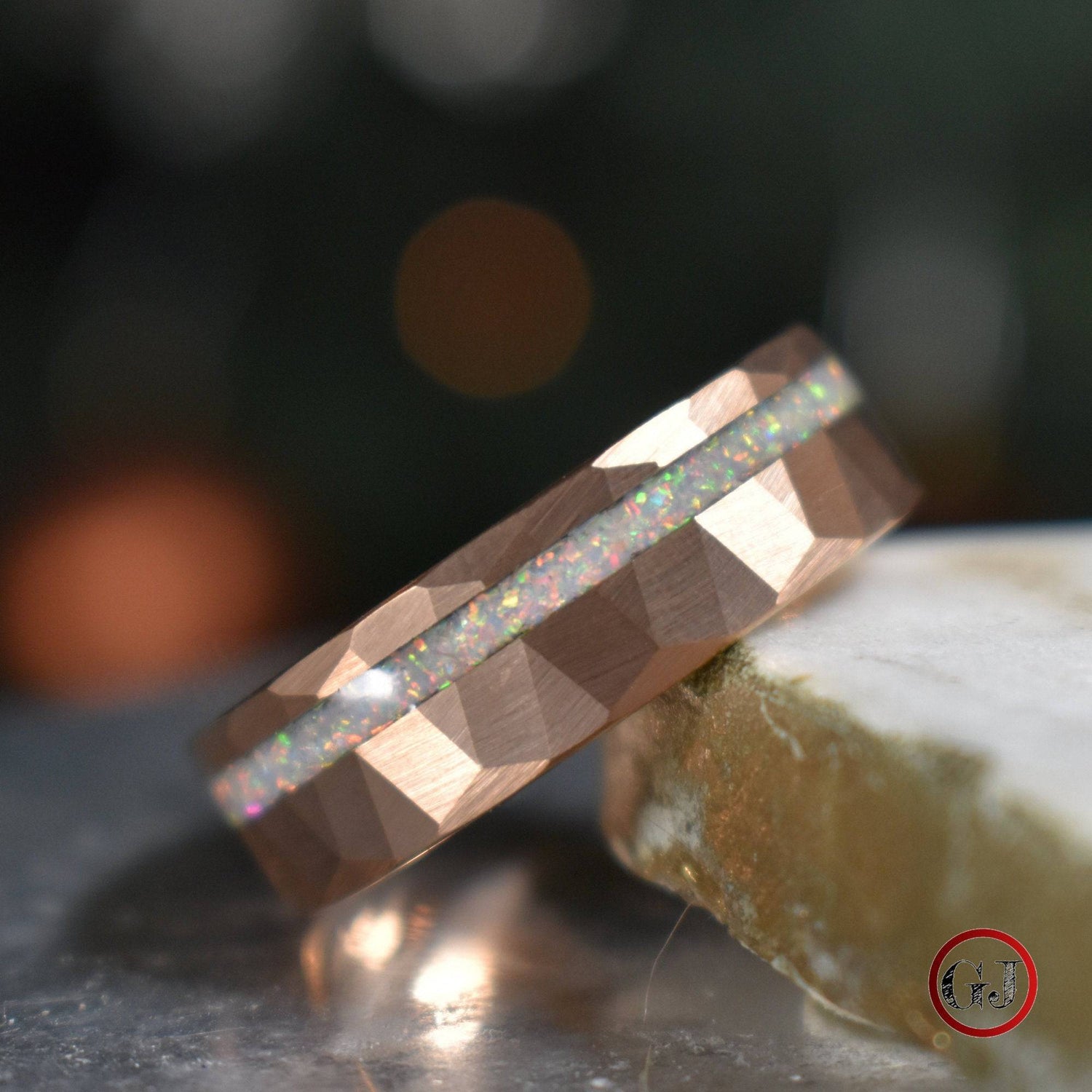 Tungsten 8mm Hammered Rose Gold Ring with Crushed Opal Centre - Tungsten Titans