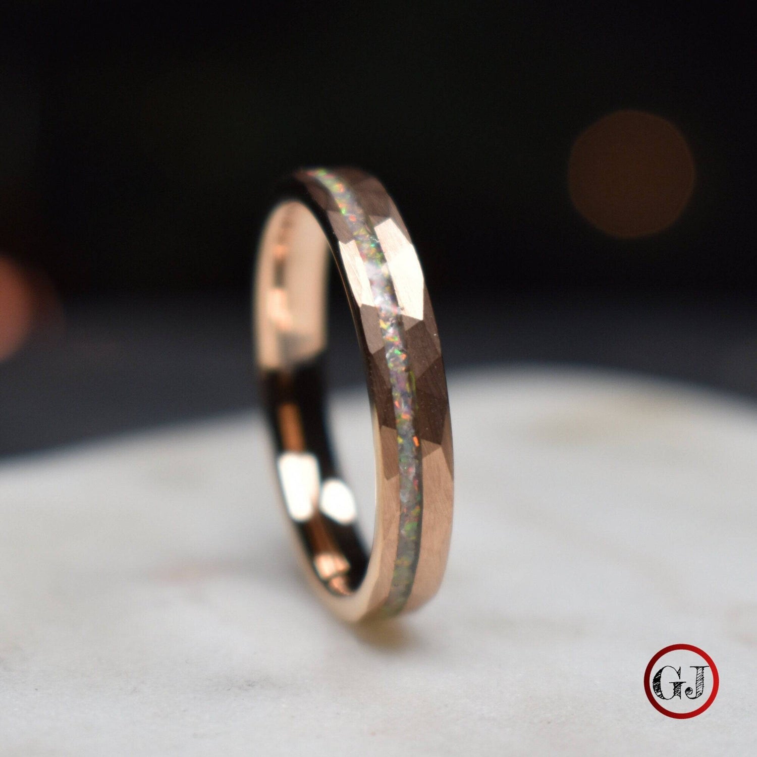 Tungsten 4mm Hammered Rose Gold Ring with Crushed Opal Centre - Tungsten Titans