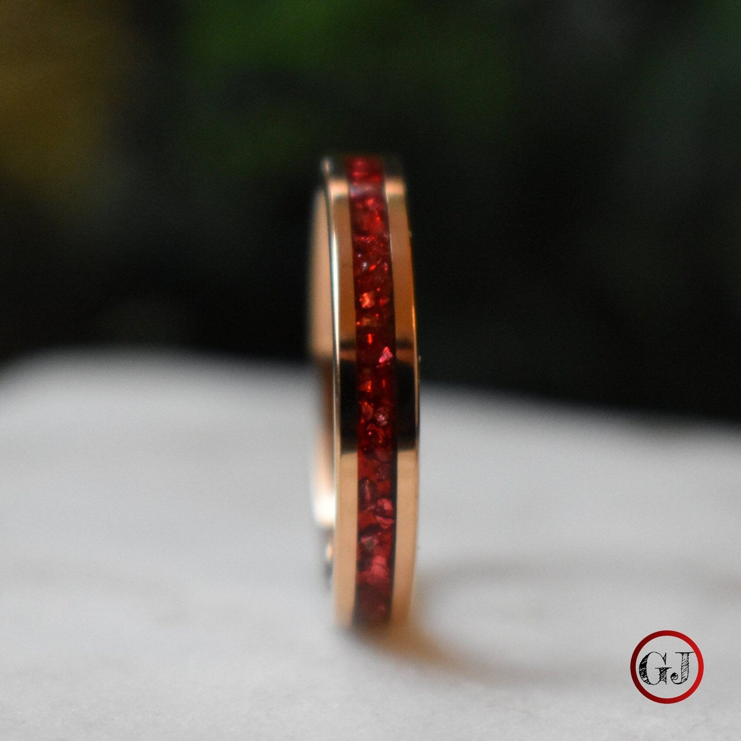 Tungsten 4mm Rose Gold Ring German Ruby Red Glass Wedding Band - Tungsten Titans