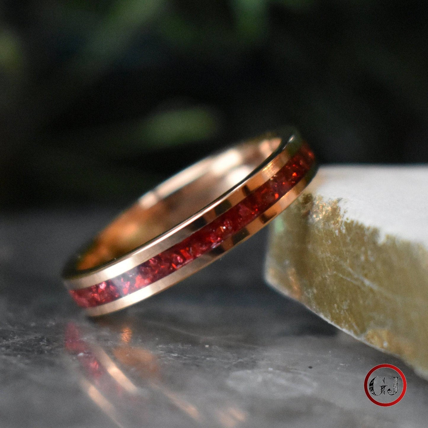 Tungsten 4mm Rose Gold Ring German Ruby Red Glass Wedding Band - Tungsten Titans