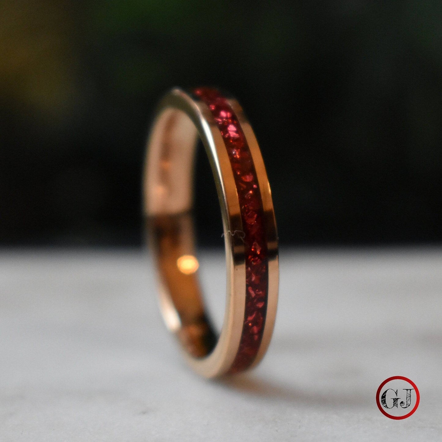 Tungsten 4mm Rose Gold Ring German Ruby Red Glass Wedding Band - Tungsten Titans